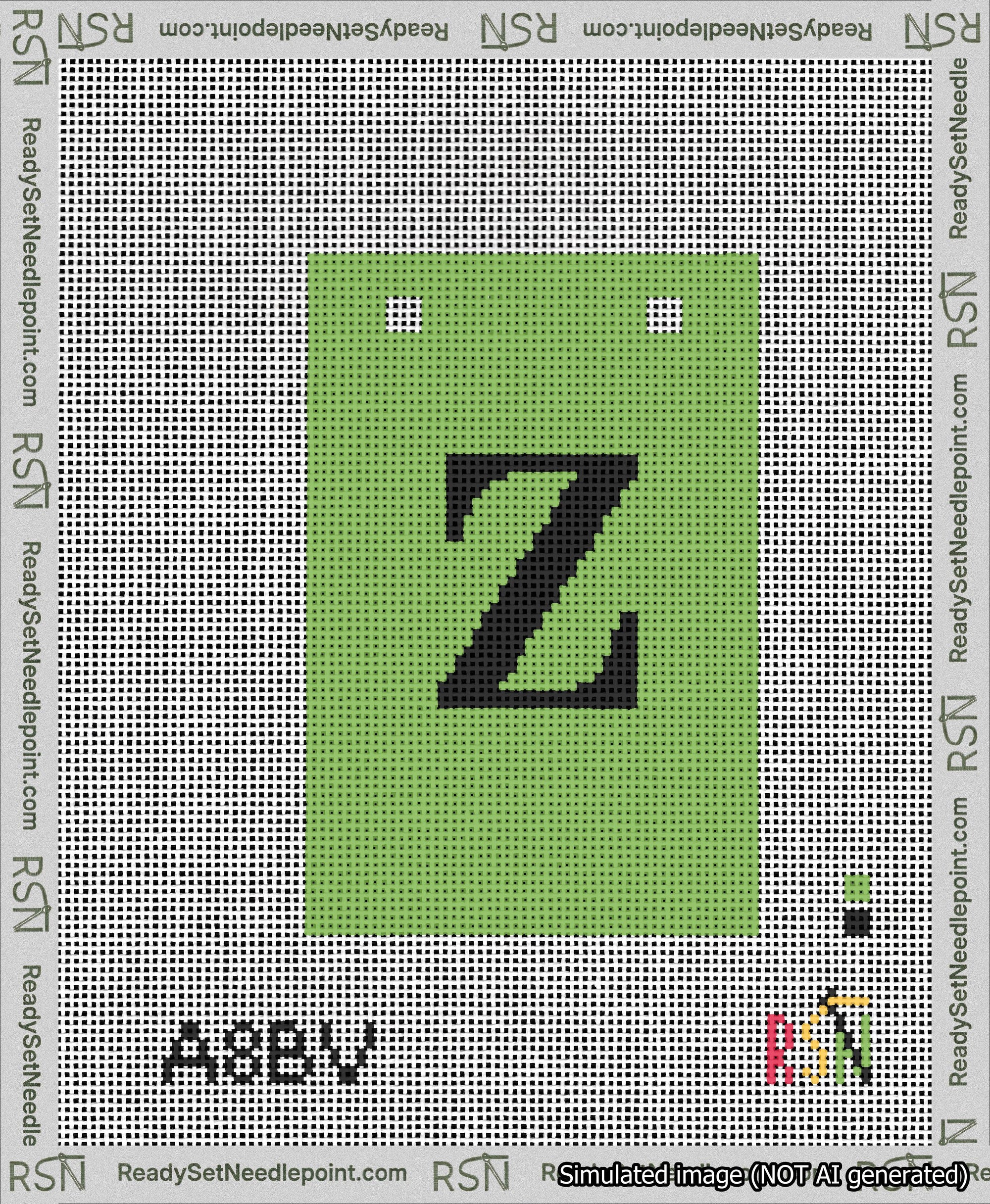 A taped needlepoint canvas with the design: Banner 13 mesh count Squared Z Black on Light Green.
