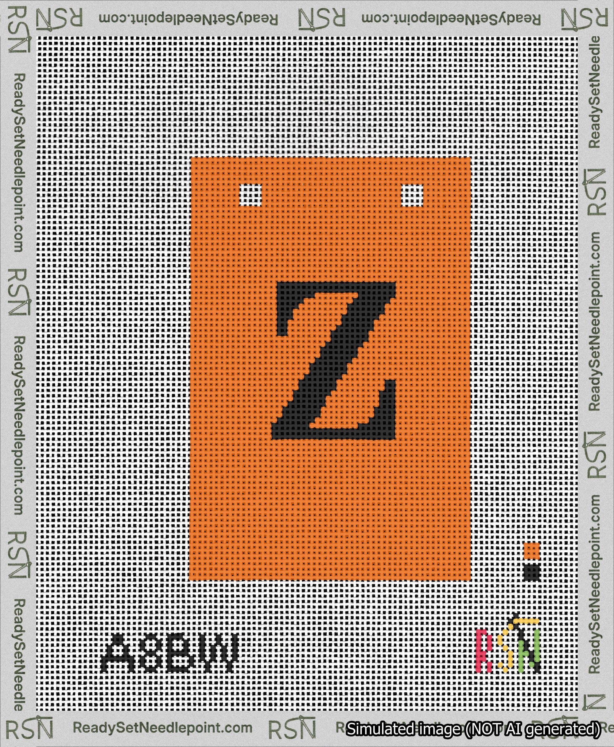 A taped needlepoint canvas with the design: Banner 13 mesh count Squared Z Black on Orange.