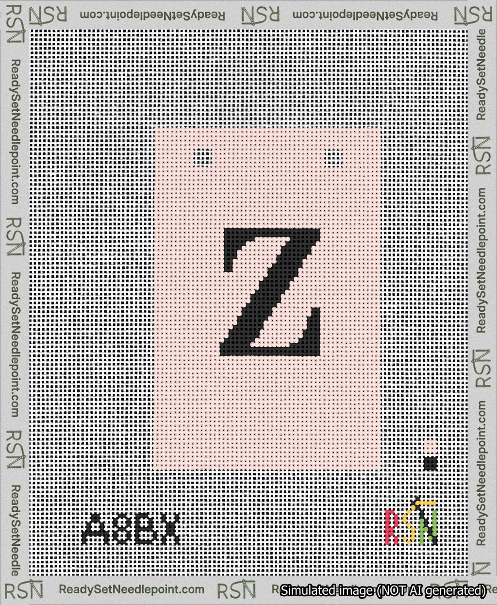 A taped needlepoint canvas with the design: Banner 13 mesh count Squared Z Black on Pink.
