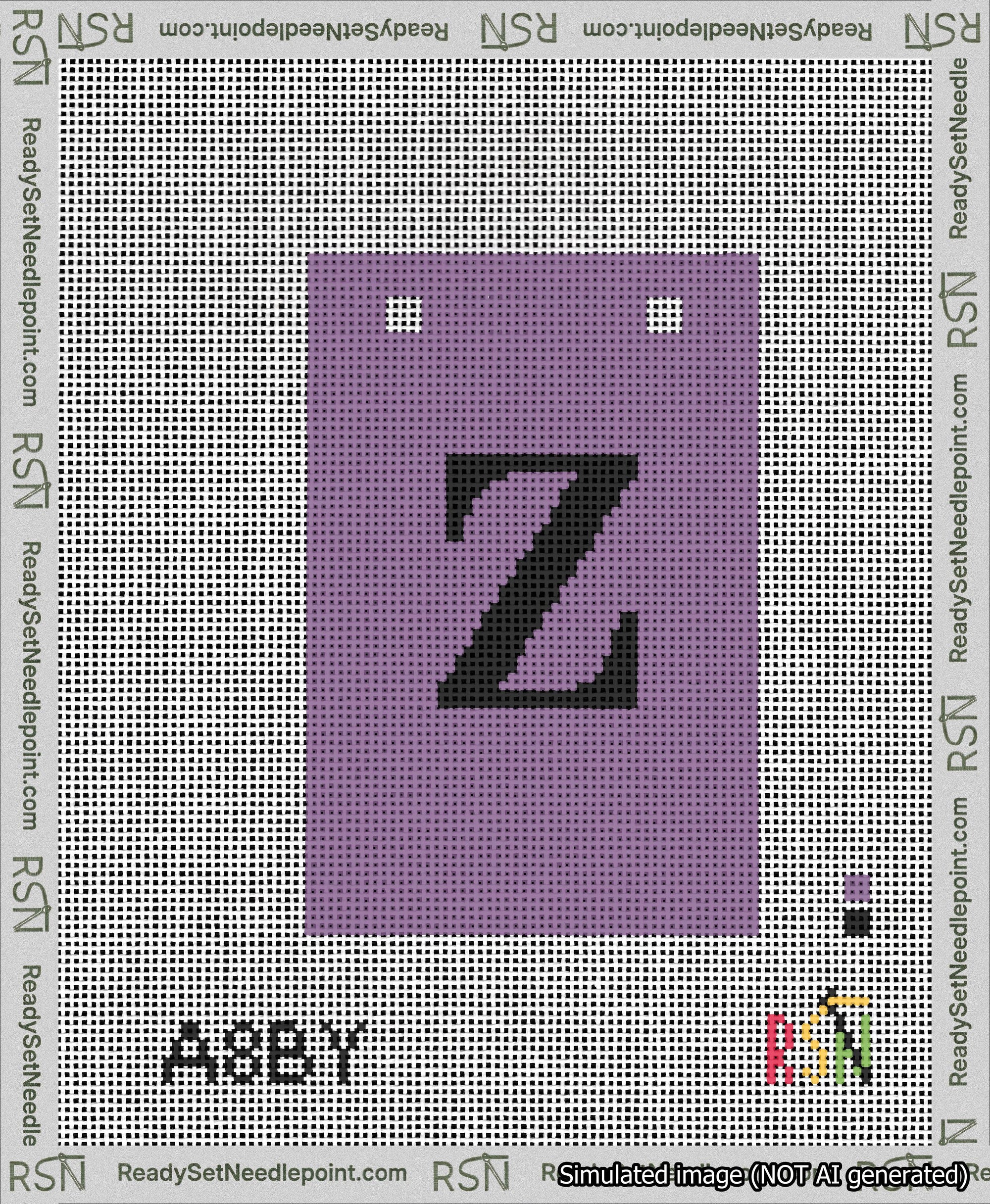 A taped needlepoint canvas with the design: Banner 13 mesh count Squared Z Black on Purple.