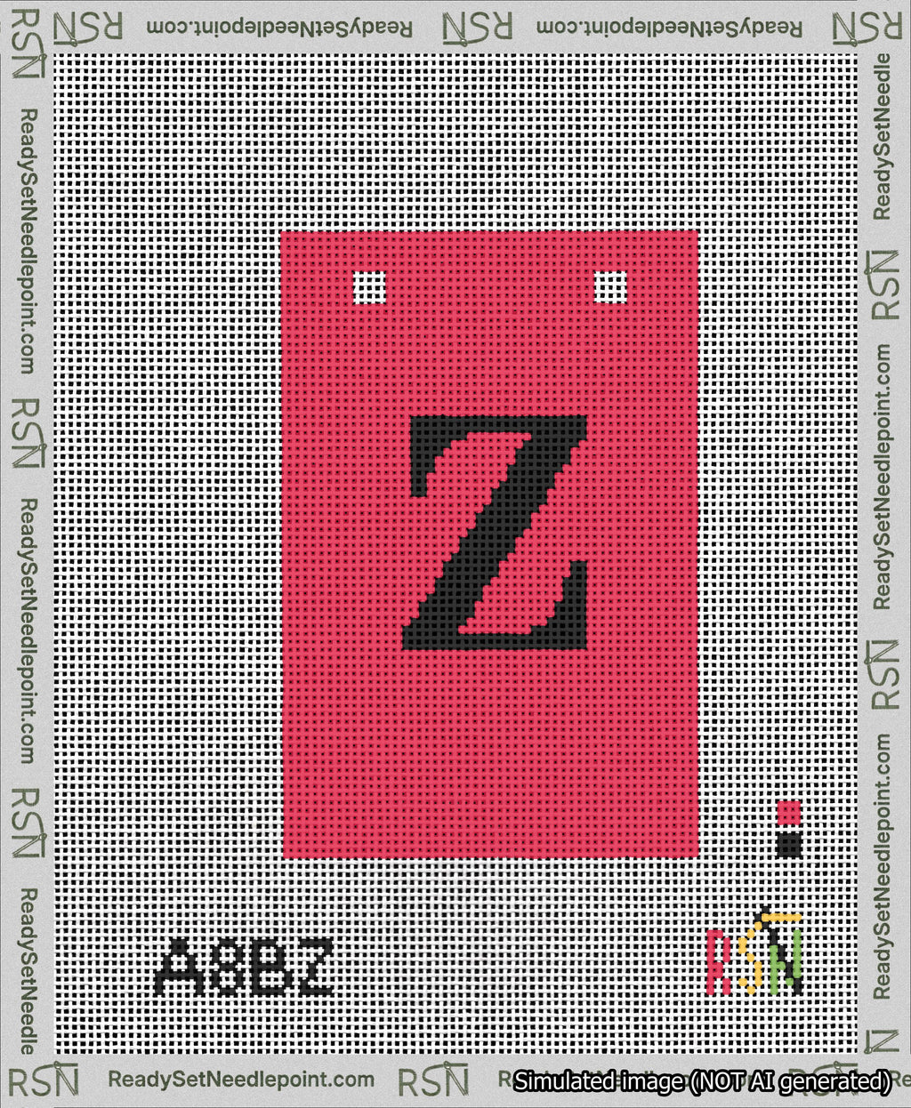 A taped needlepoint canvas with the design: Banner 13 mesh count Squared Z Black on Red.