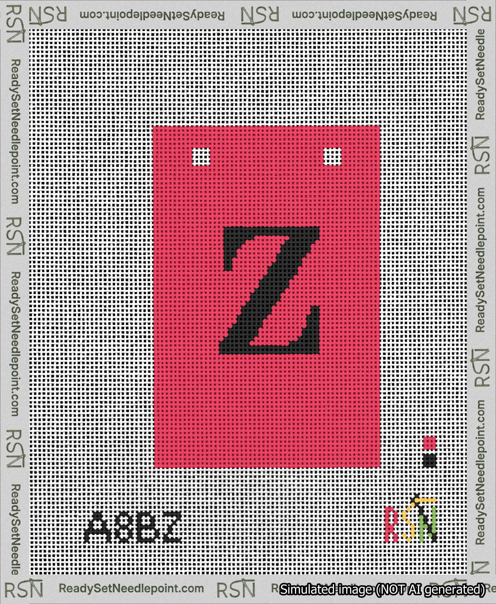 A taped needlepoint canvas with the design: Banner 13 mesh count Squared Z Black on Red.