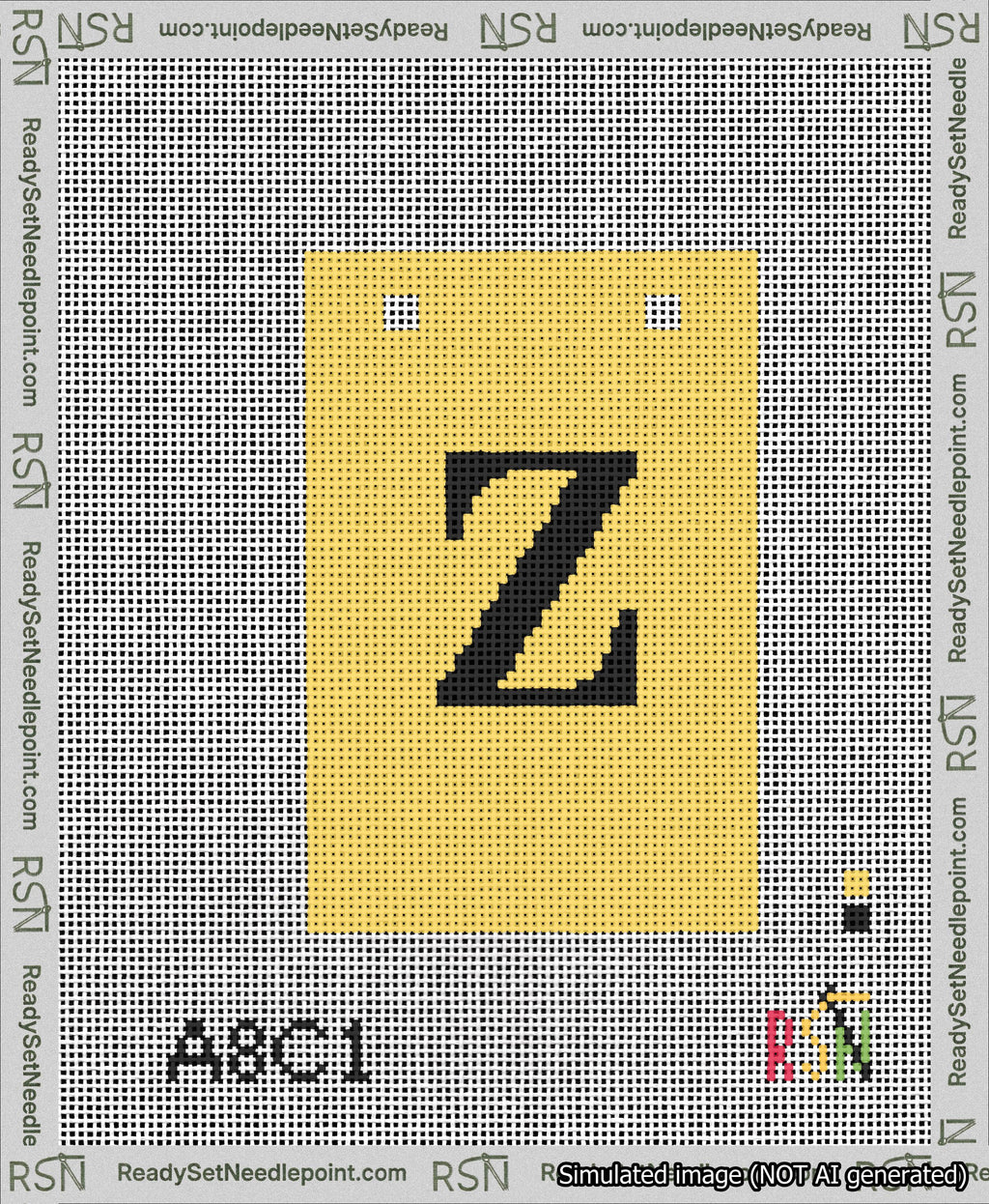 A taped needlepoint canvas with the design: Banner 13 mesh count Squared Z Black on Yellow.