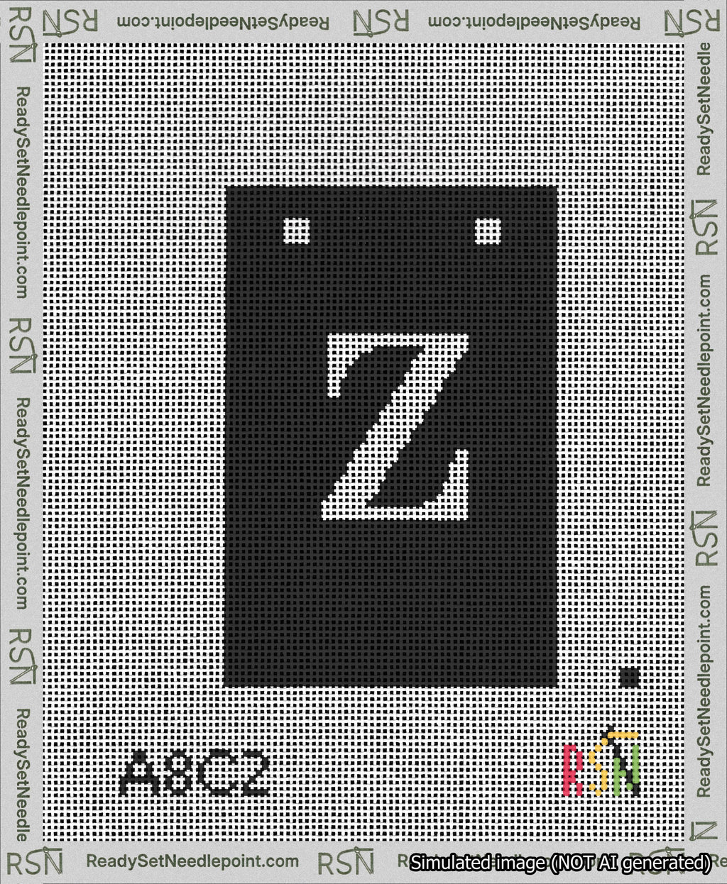 A taped needlepoint canvas with the design: Banner 13 mesh count Squared Z White on Black.