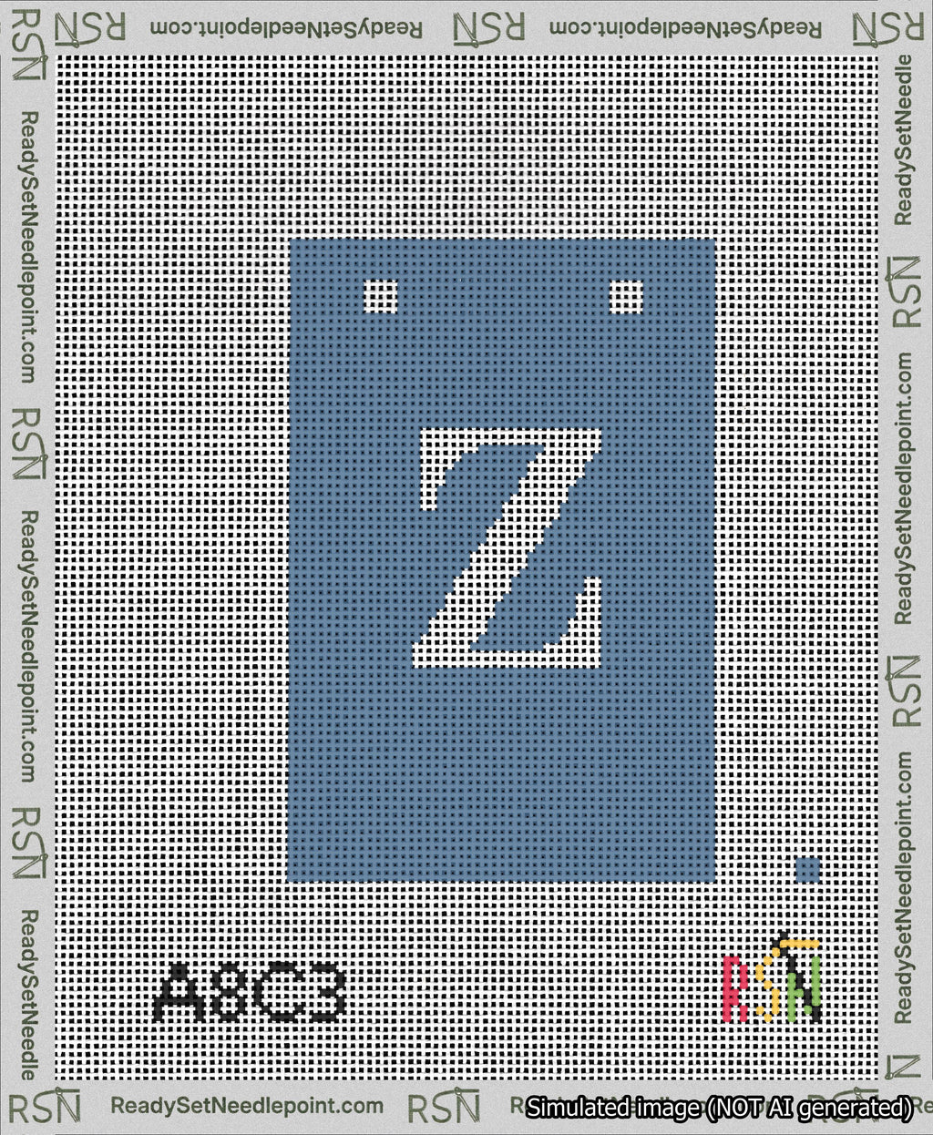 A taped needlepoint canvas with the design: Banner 13 mesh count Squared Z White on Blue.
