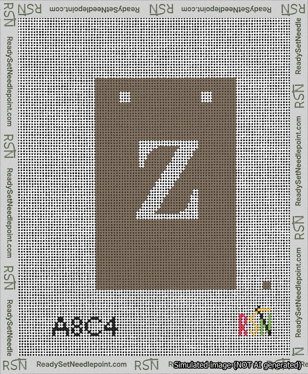 A taped needlepoint canvas with the design: Banner 13 mesh count Squared Z White on Brown.