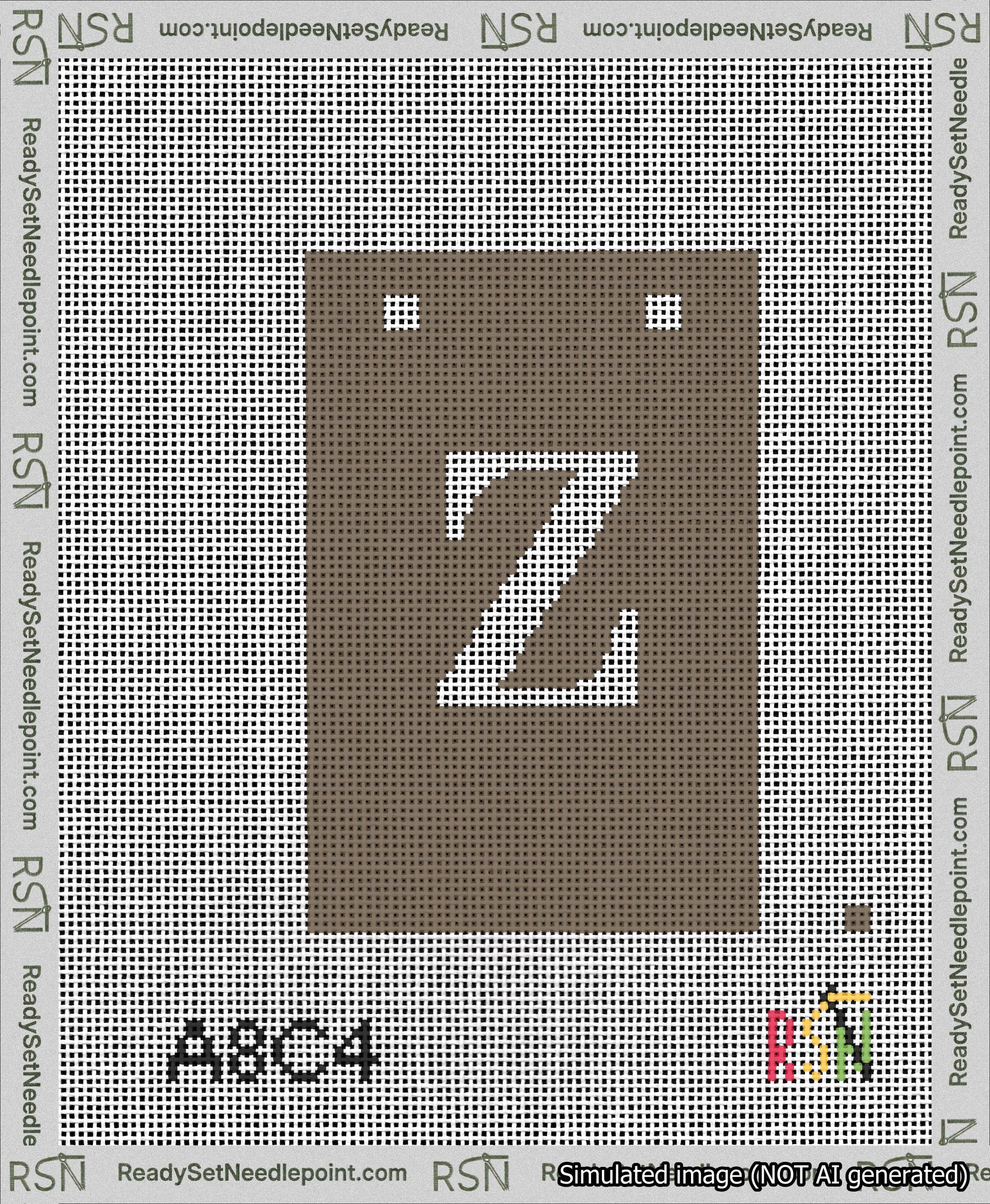 A taped needlepoint canvas with the design: Banner 13 mesh count Squared Z White on Brown.