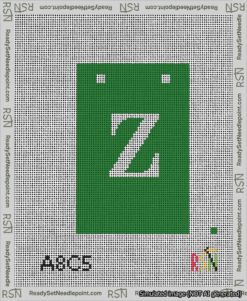 A taped needlepoint canvas with the design: Banner 13 mesh count Squared Z White on Green.