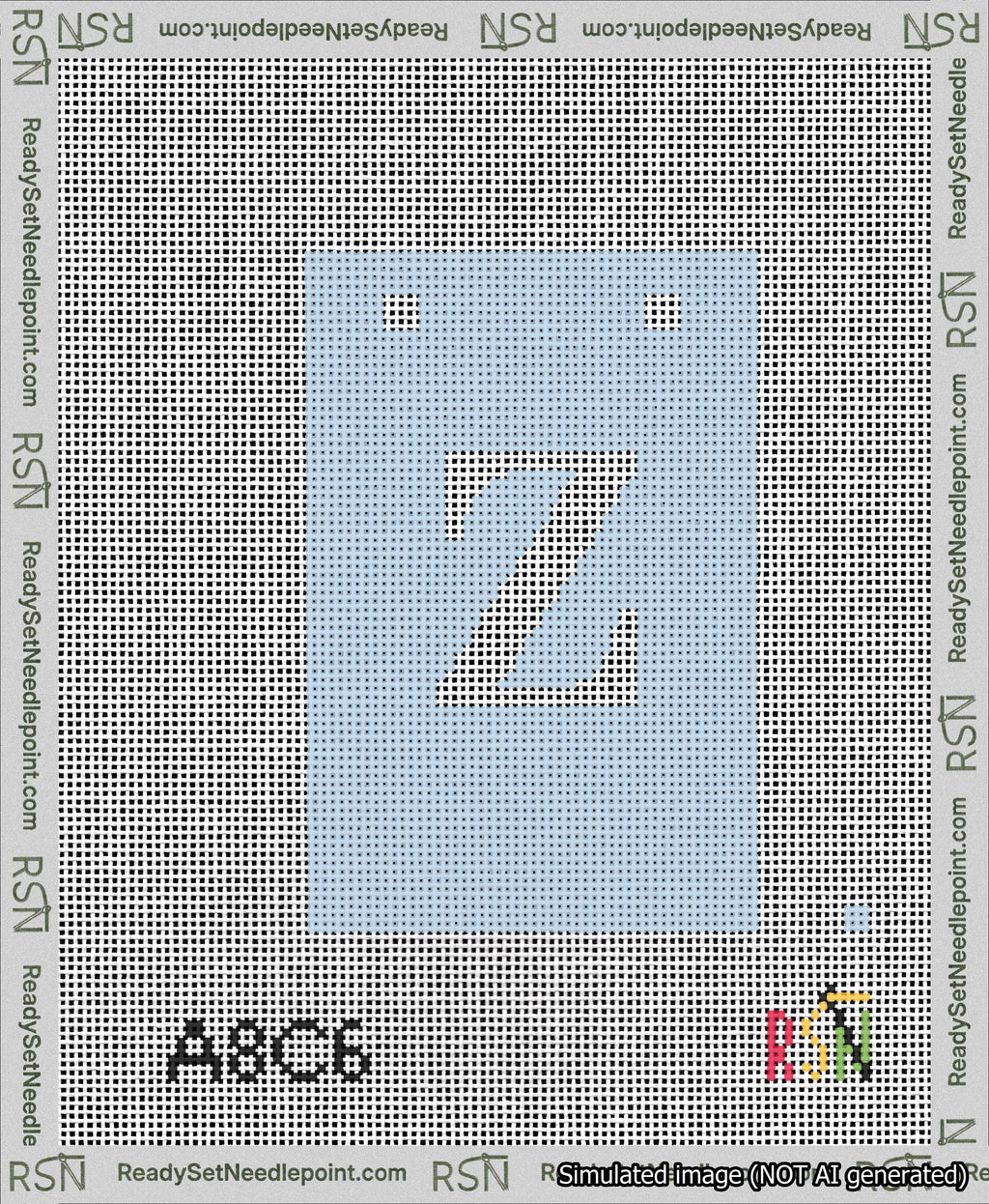 A taped needlepoint canvas with the design: Banner 13 mesh count Squared Z White on Light Blue.