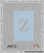 A taped needlepoint canvas with the design: Banner 13 mesh count Squared Z White on Light Blue.