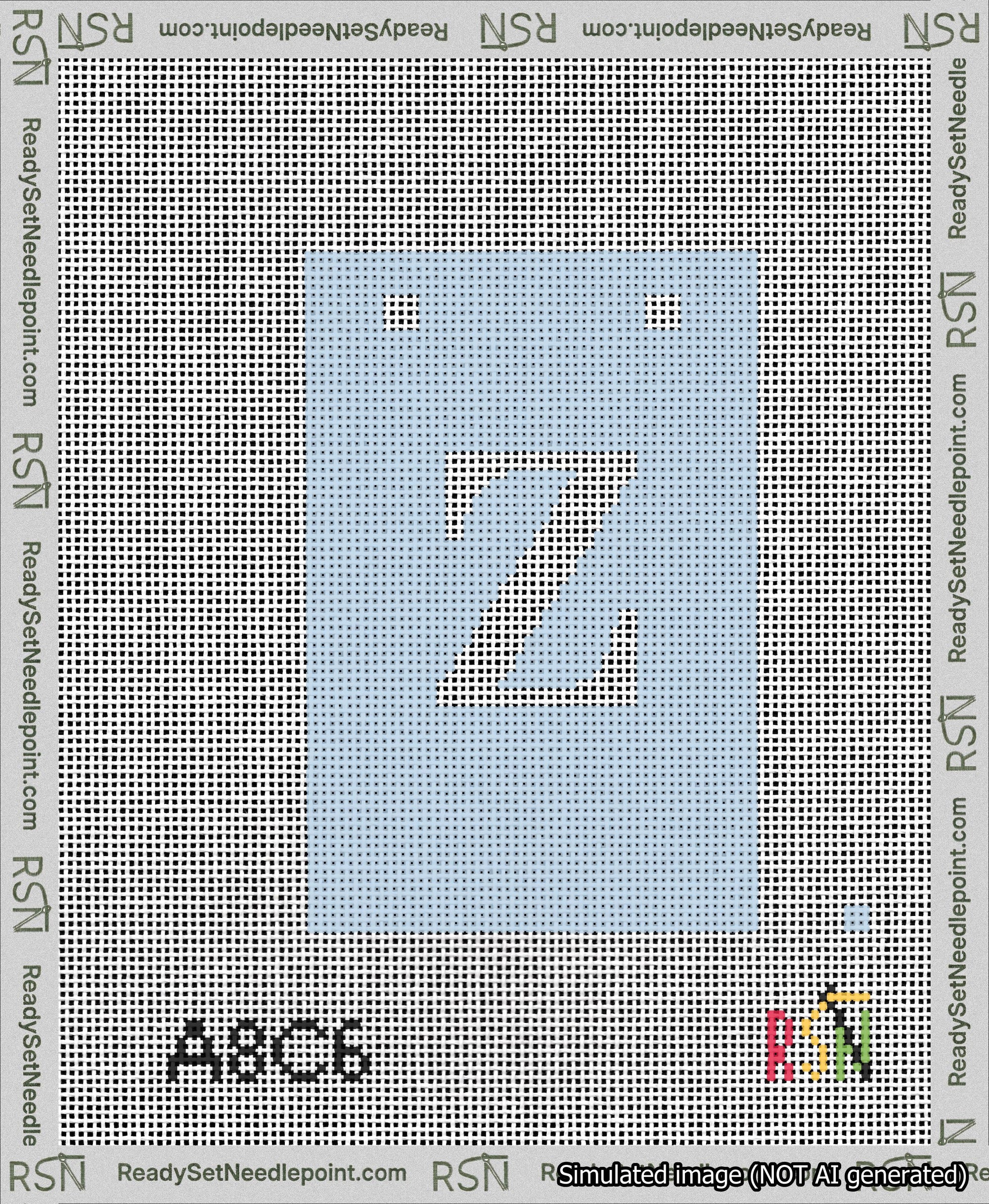 A taped needlepoint canvas with the design: Banner 13 mesh count Squared Z White on Light Blue.