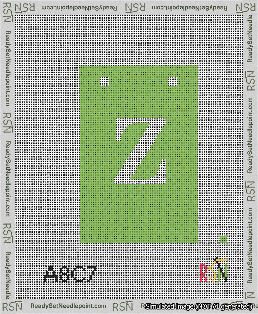 A taped needlepoint canvas with the design: Banner 13 mesh count Squared Z White on Light Green.