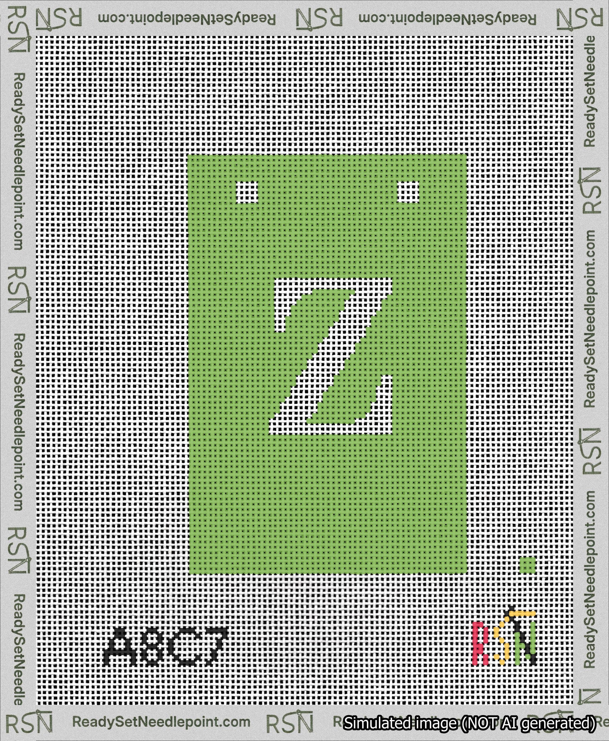 A taped needlepoint canvas with the design: Banner 13 mesh count Squared Z White on Light Green.