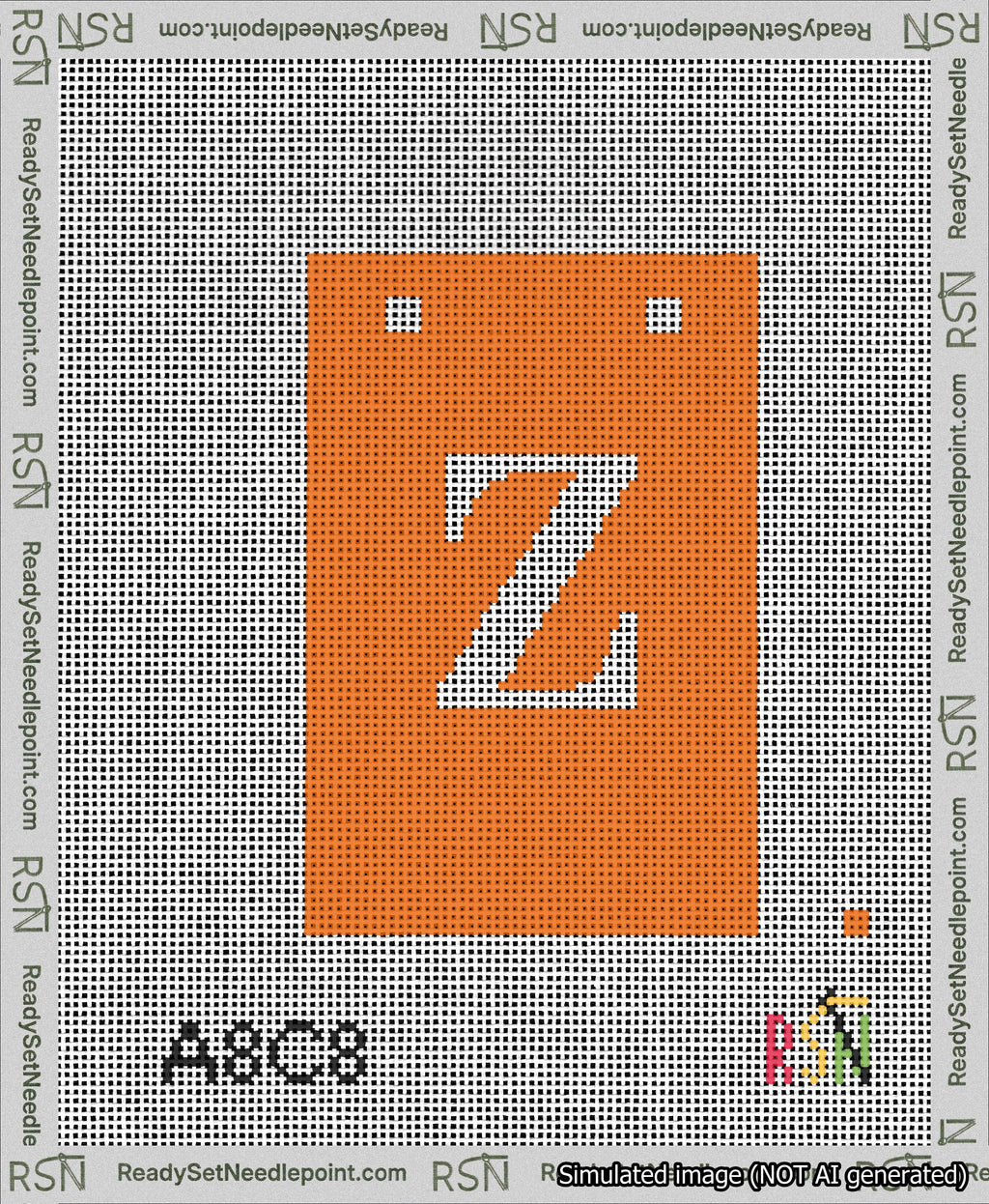 A taped needlepoint canvas with the design: Banner 13 mesh count Squared Z White on Orange.