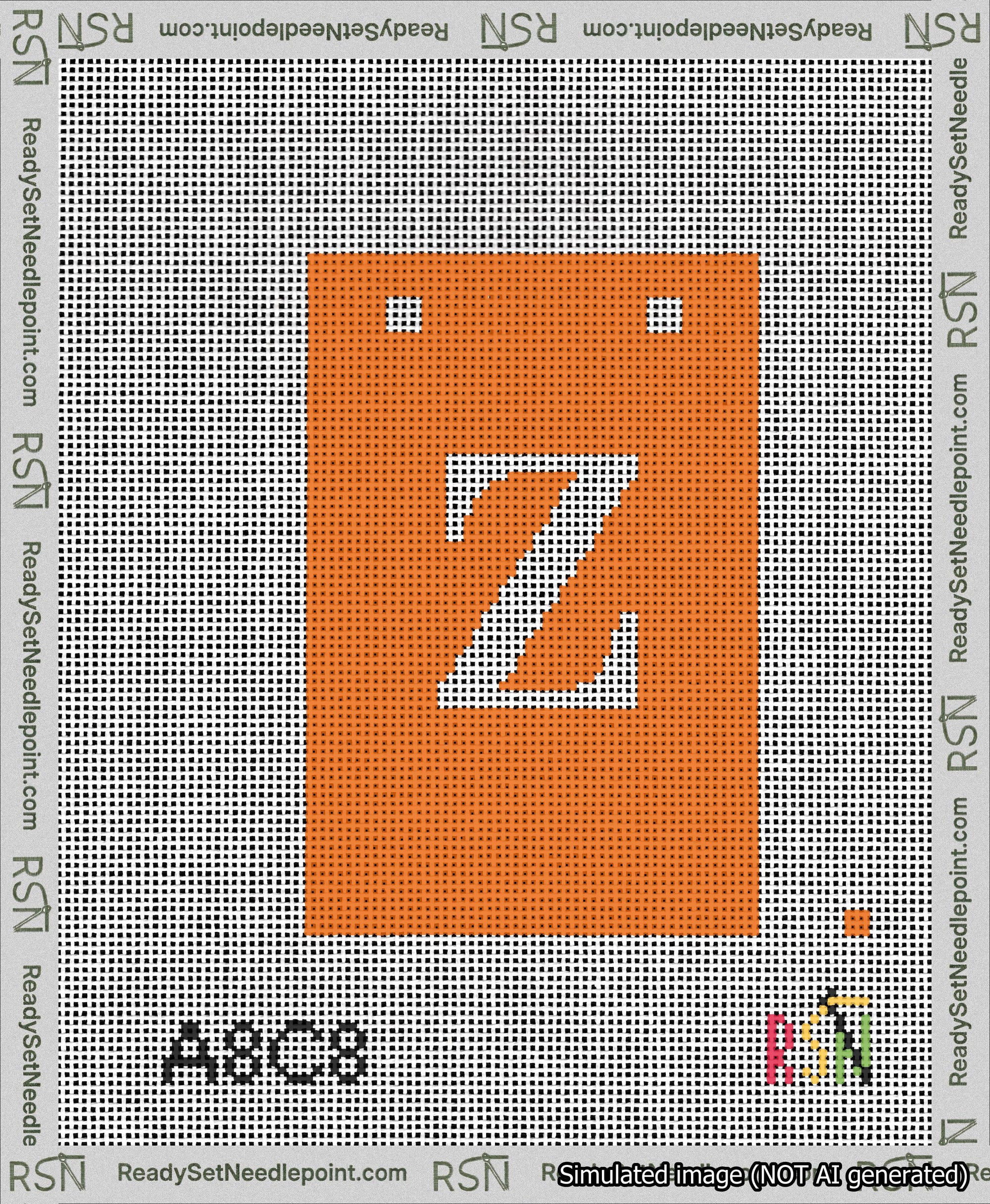 A taped needlepoint canvas with the design: Banner 13 mesh count Squared Z White on Orange.