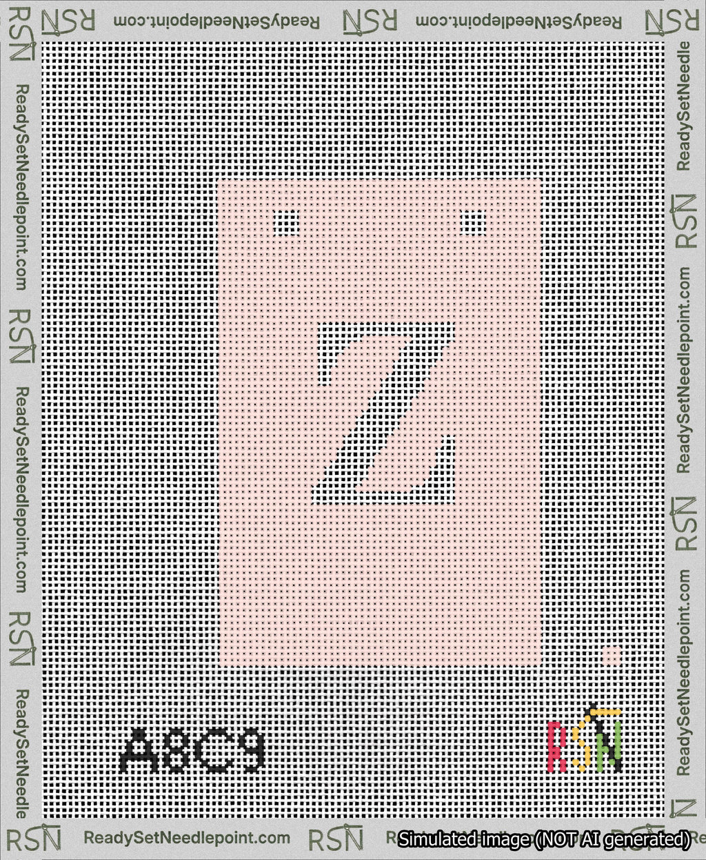 A taped needlepoint canvas with the design: Banner 13 mesh count Squared Z White on Pink.