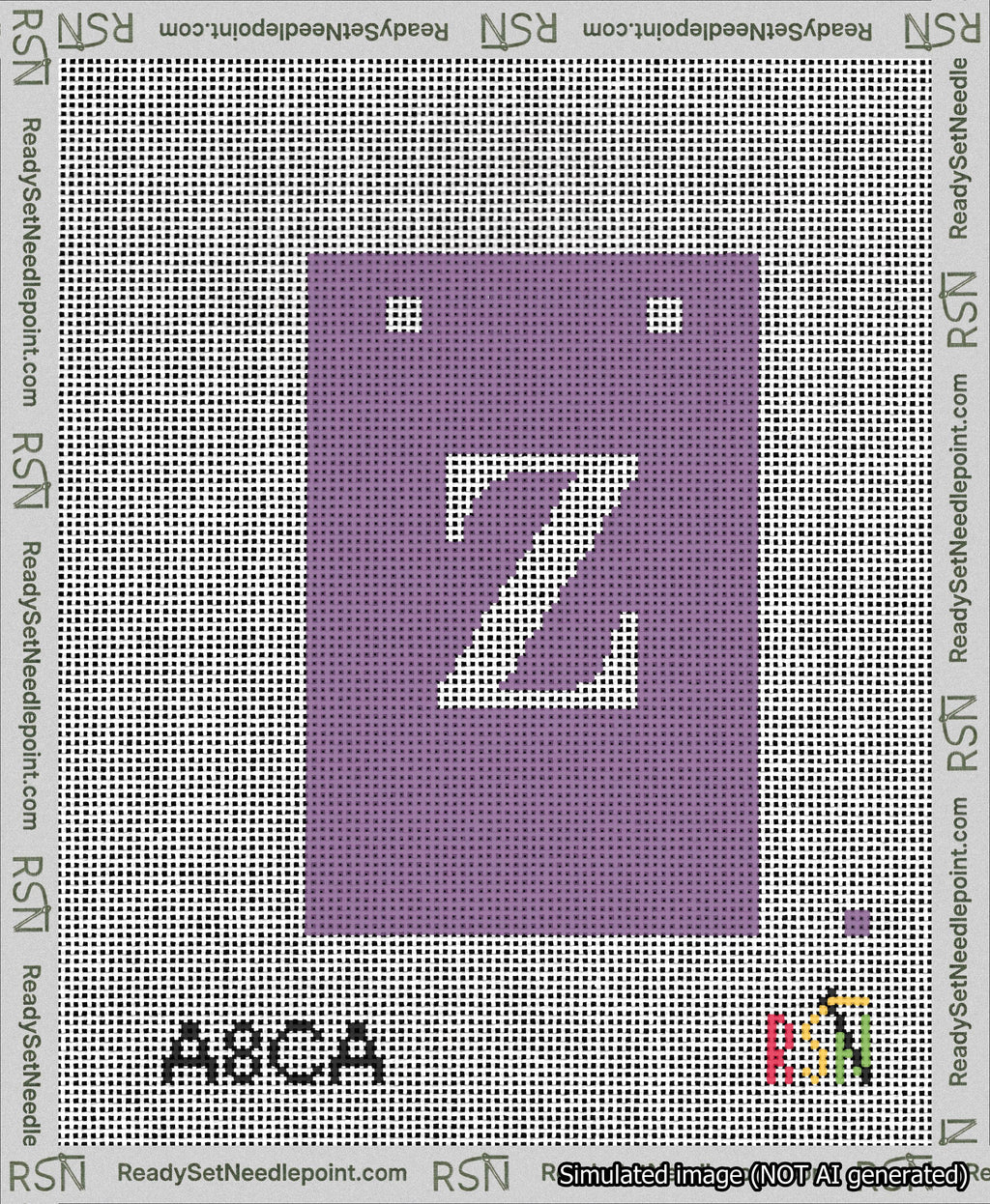 A taped needlepoint canvas with the design: Banner 13 mesh count Squared Z White on Purple.