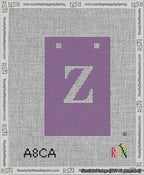 A taped needlepoint canvas with the design: Banner 13 mesh count Squared Z White on Purple.