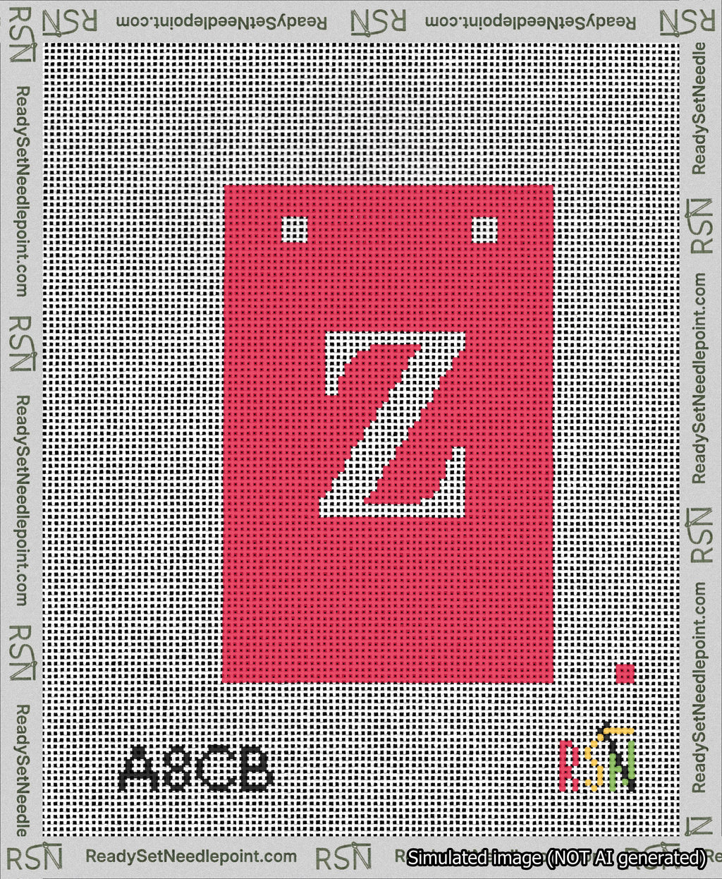 A taped needlepoint canvas with the design: Banner 13 mesh count Squared Z White on Red.
