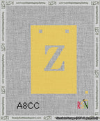 A taped needlepoint canvas with the design: Banner 13 mesh count Squared Z White on Yellow.