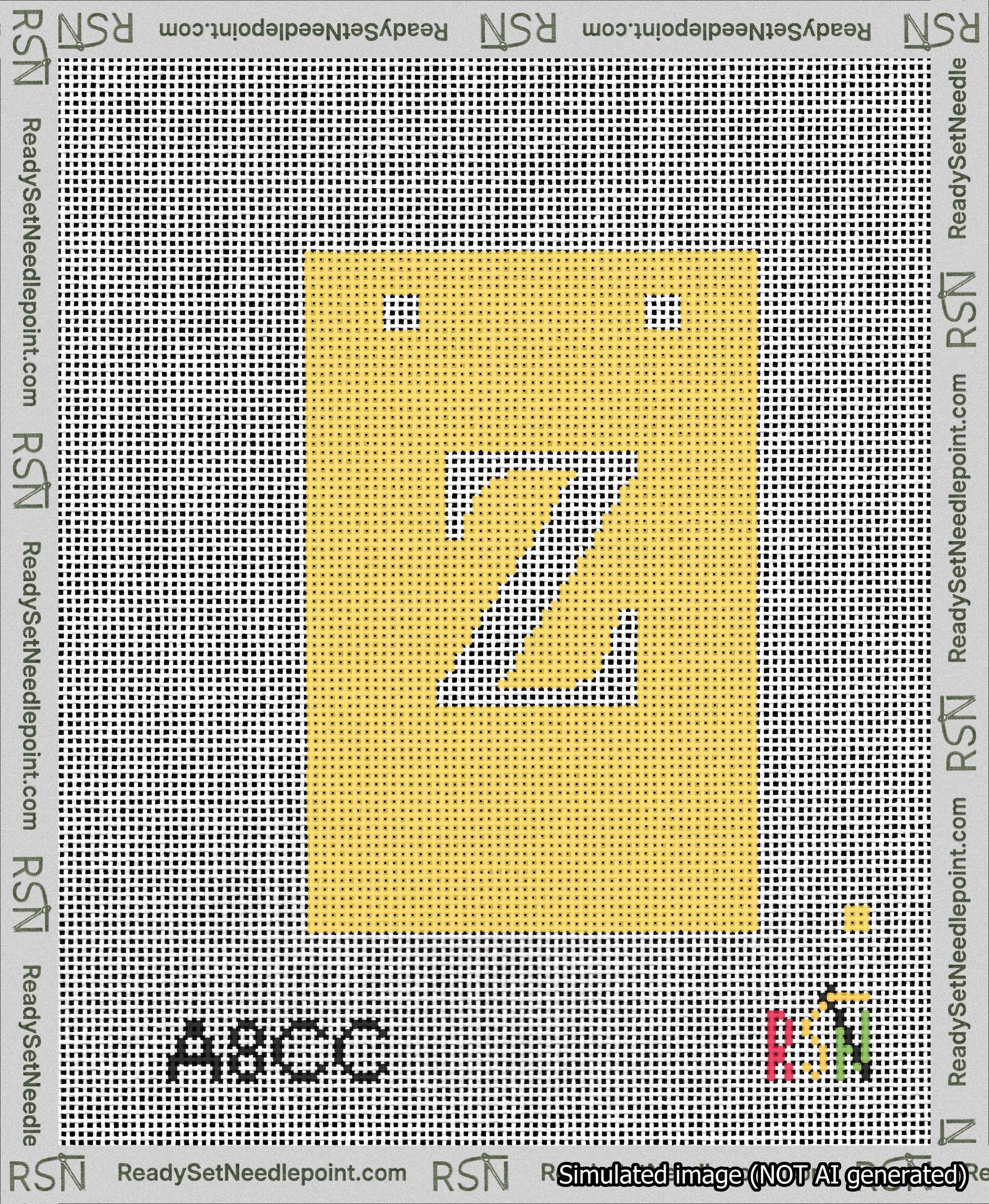 A taped needlepoint canvas with the design: Banner 13 mesh count Squared Z White on Yellow.