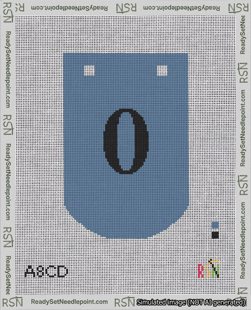 A taped needlepoint canvas with the design: Banner 18 mesh count Curved 0 Black on Blue.
