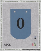 A taped needlepoint canvas with the design: Banner 18 mesh count Curved 0 Black on Blue.