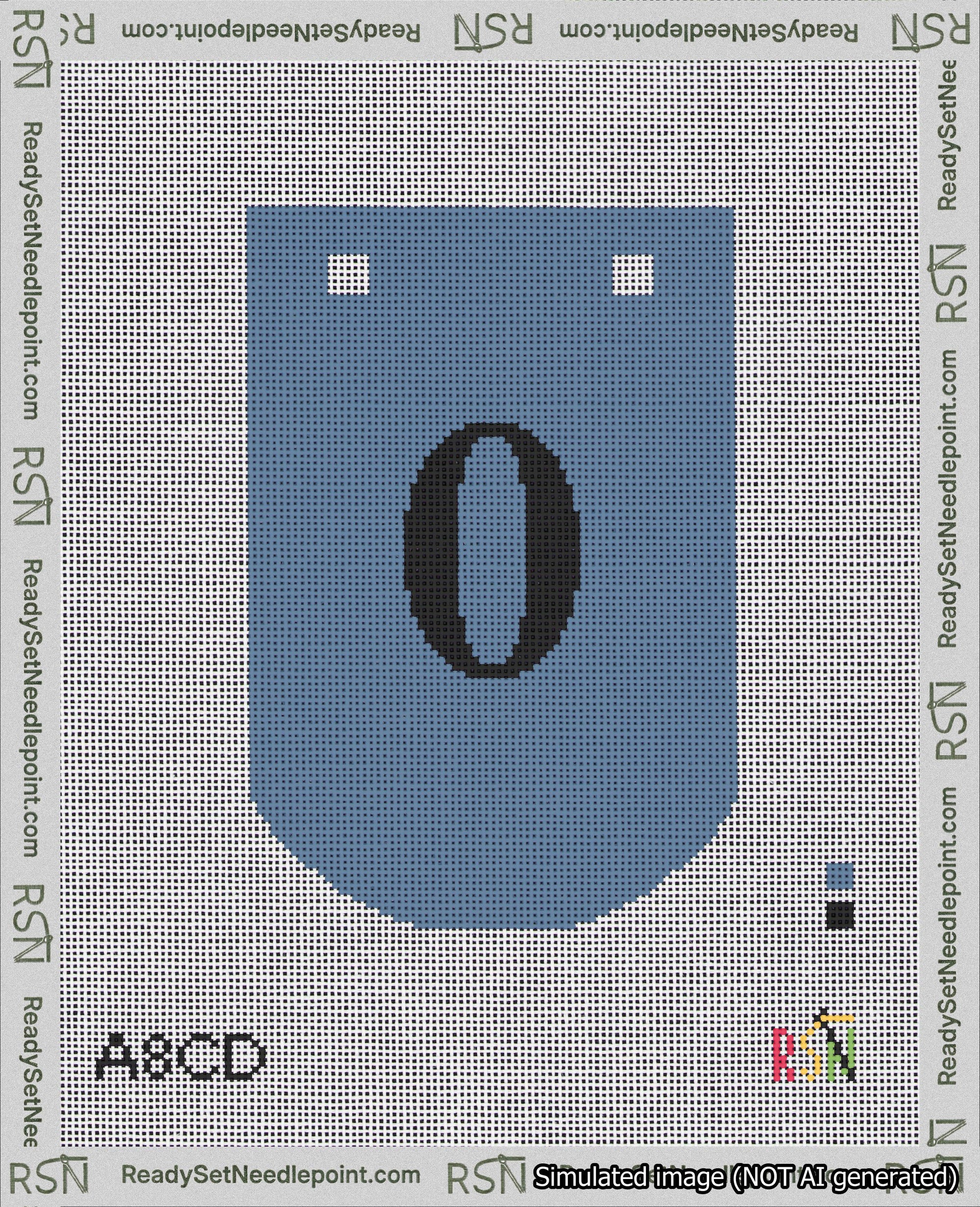 A taped needlepoint canvas with the design: Banner 18 mesh count Curved 0 Black on Blue.