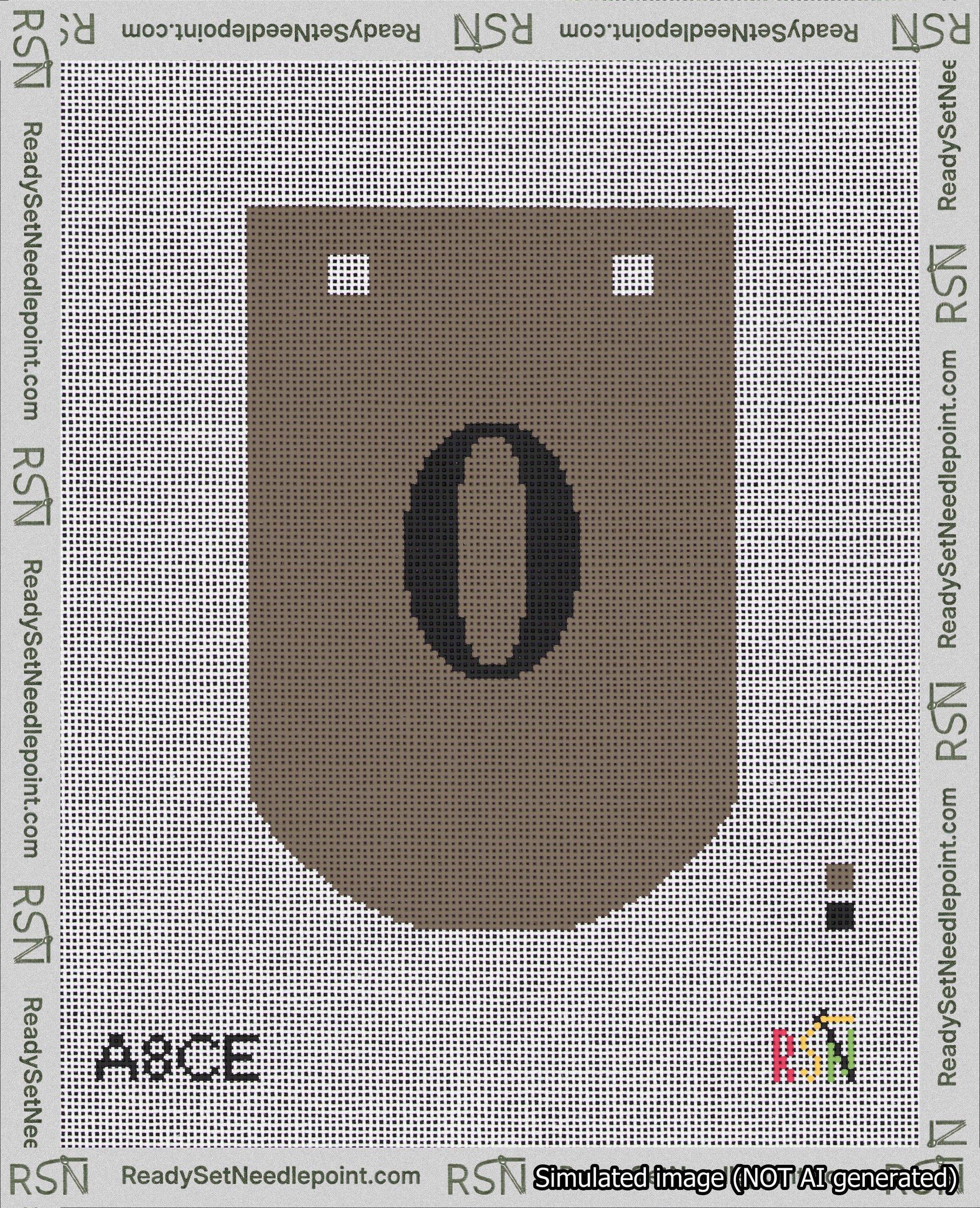 A taped needlepoint canvas with the design: Banner 18 mesh count Curved 0 Black on Brown.