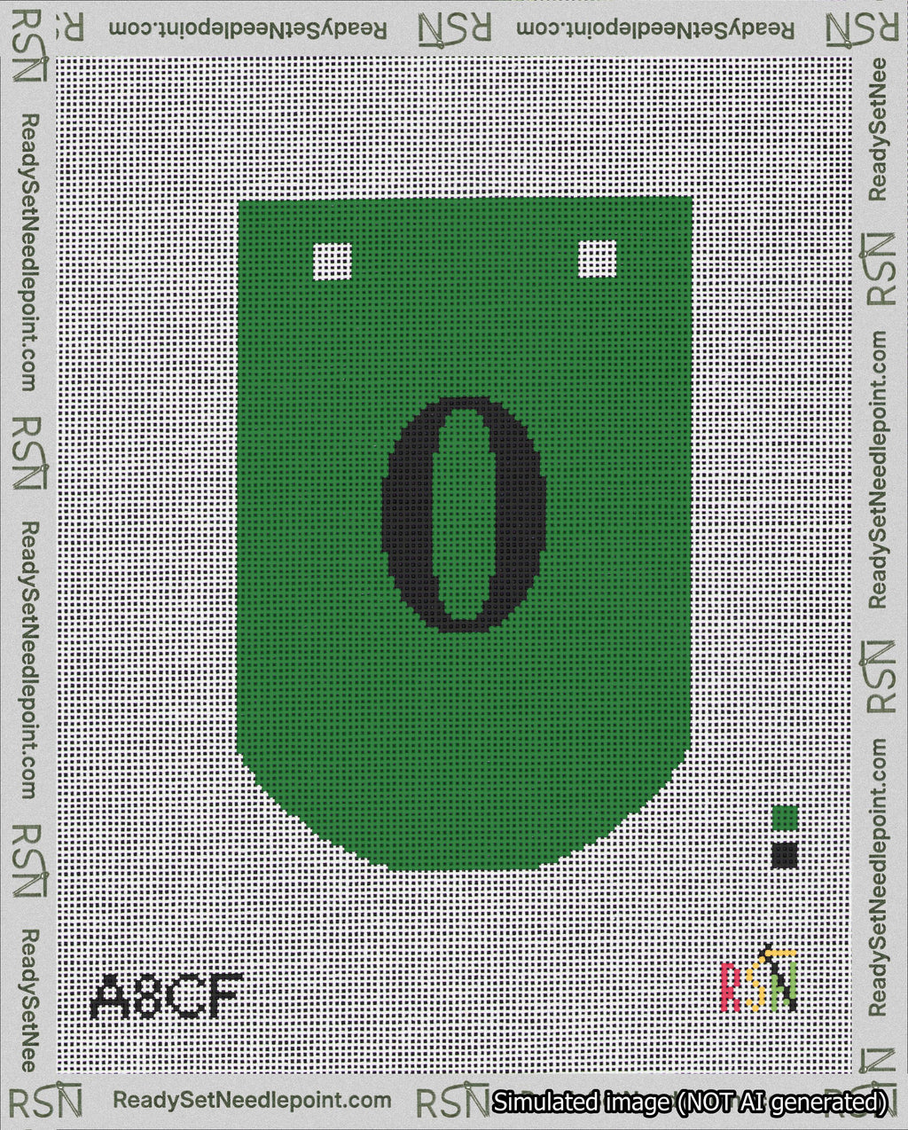 A taped needlepoint canvas with the design: Banner 18 mesh count Curved 0 Black on Green.
