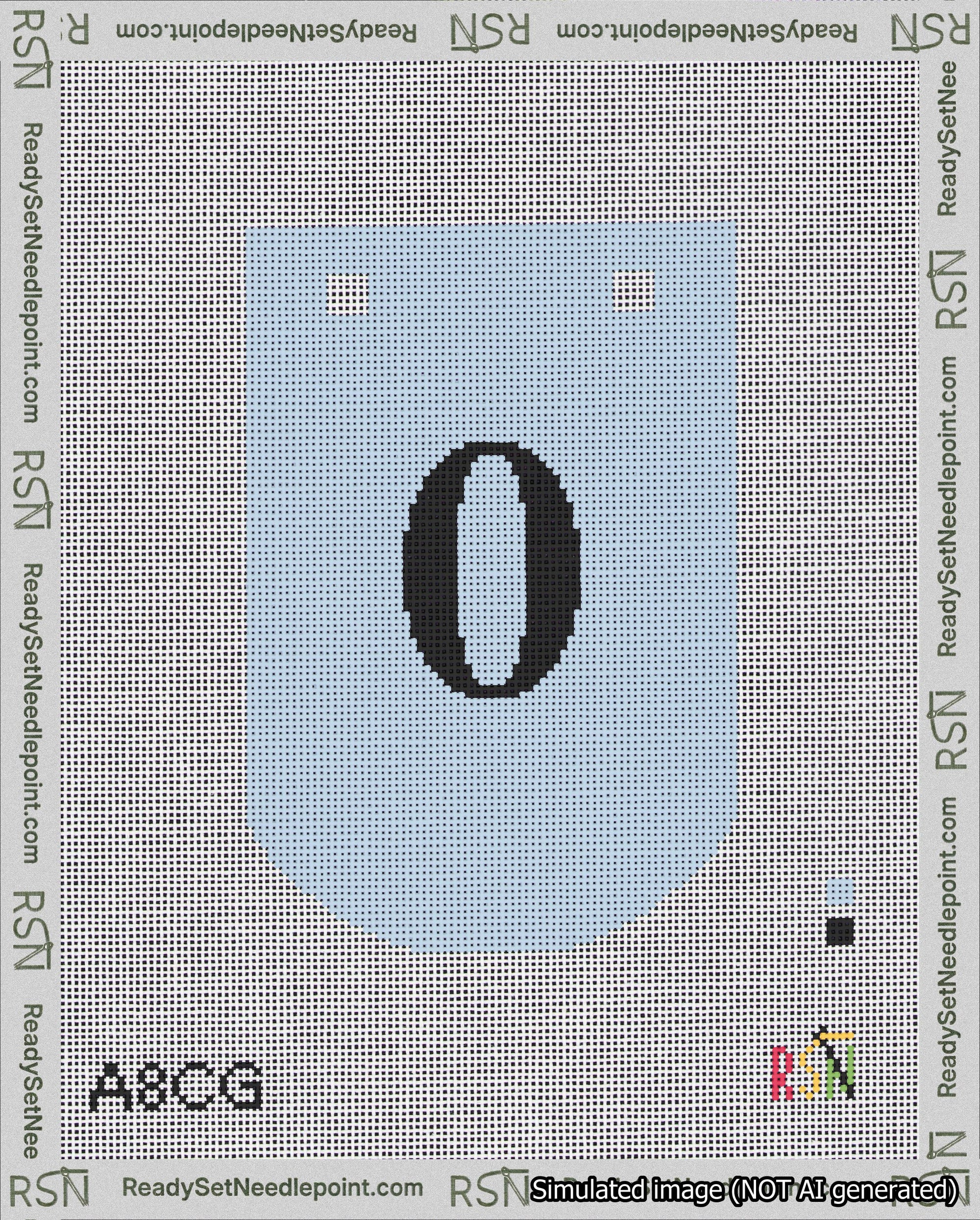 A taped needlepoint canvas with the design: Banner 18 mesh count Curved 0 Black on Light Blue.