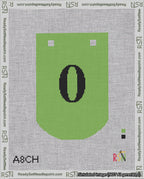 A taped needlepoint canvas with the design: Banner 18 mesh count Curved 0 Black on Light Green.