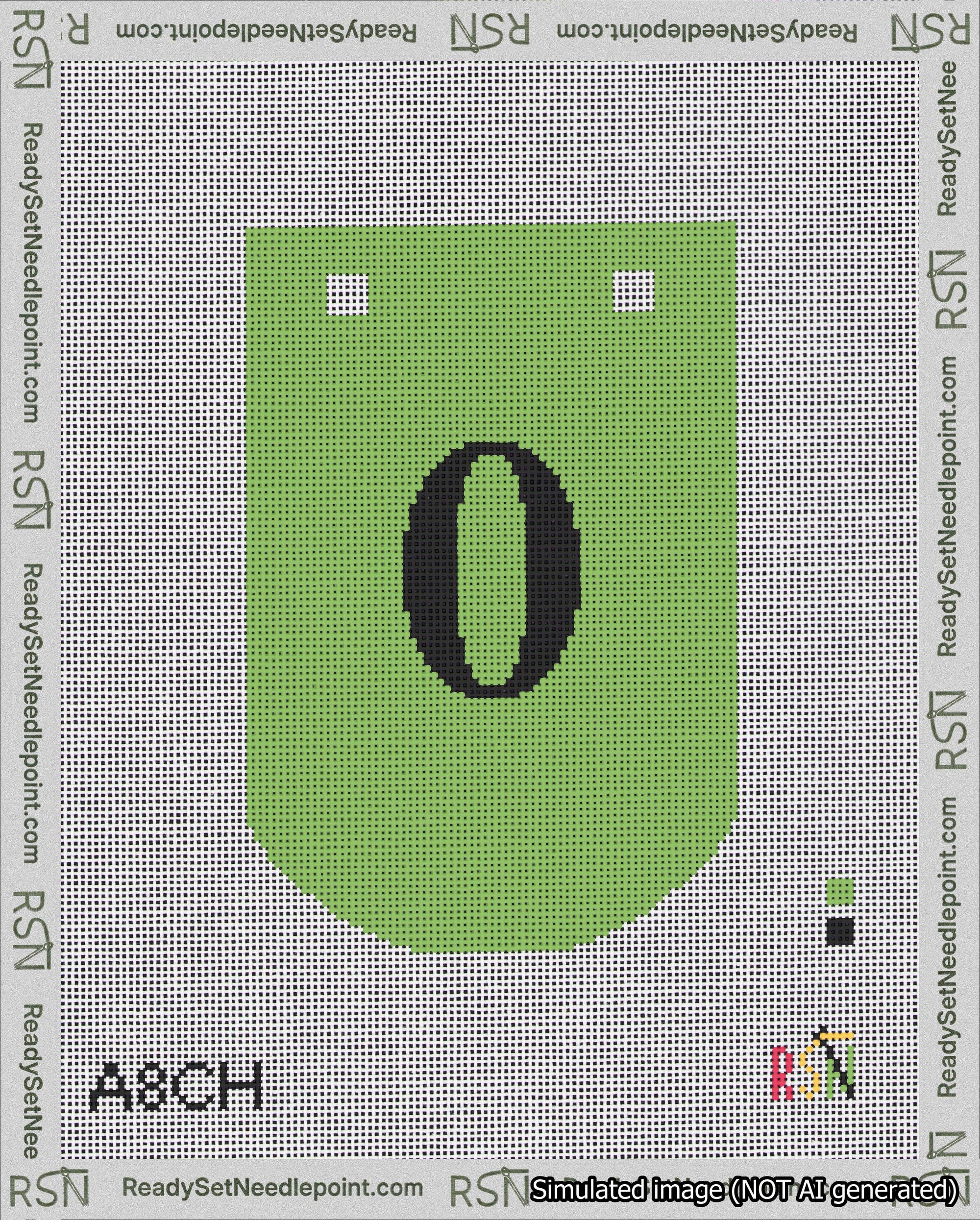 A taped needlepoint canvas with the design: Banner 18 mesh count Curved 0 Black on Light Green.