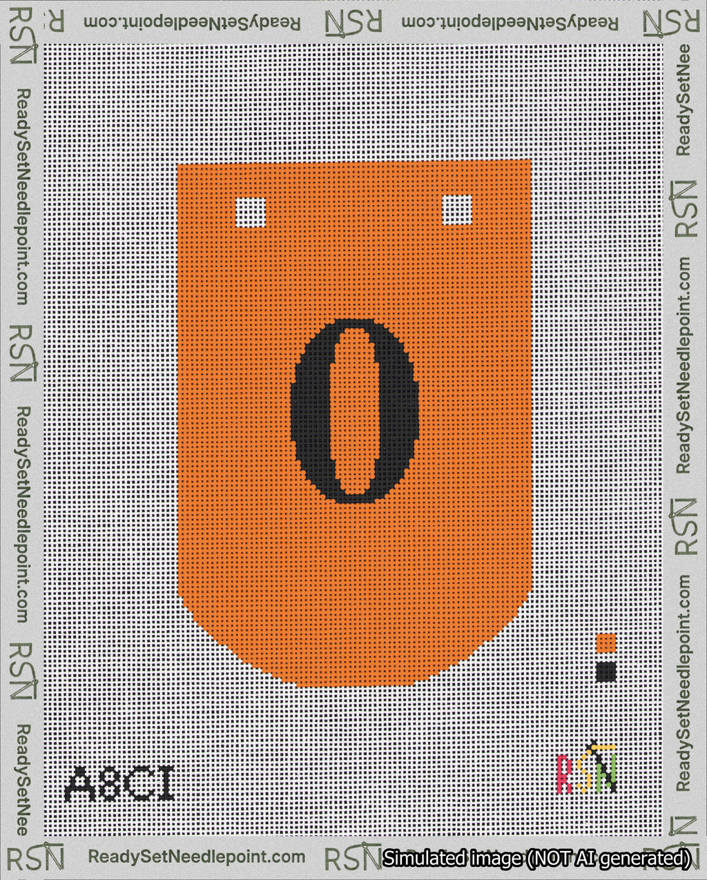 A taped needlepoint canvas with the design: Banner 18 mesh count Curved 0 Black on Orange.