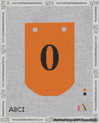 A taped needlepoint canvas with the design: Banner 18 mesh count Curved 0 Black on Orange.