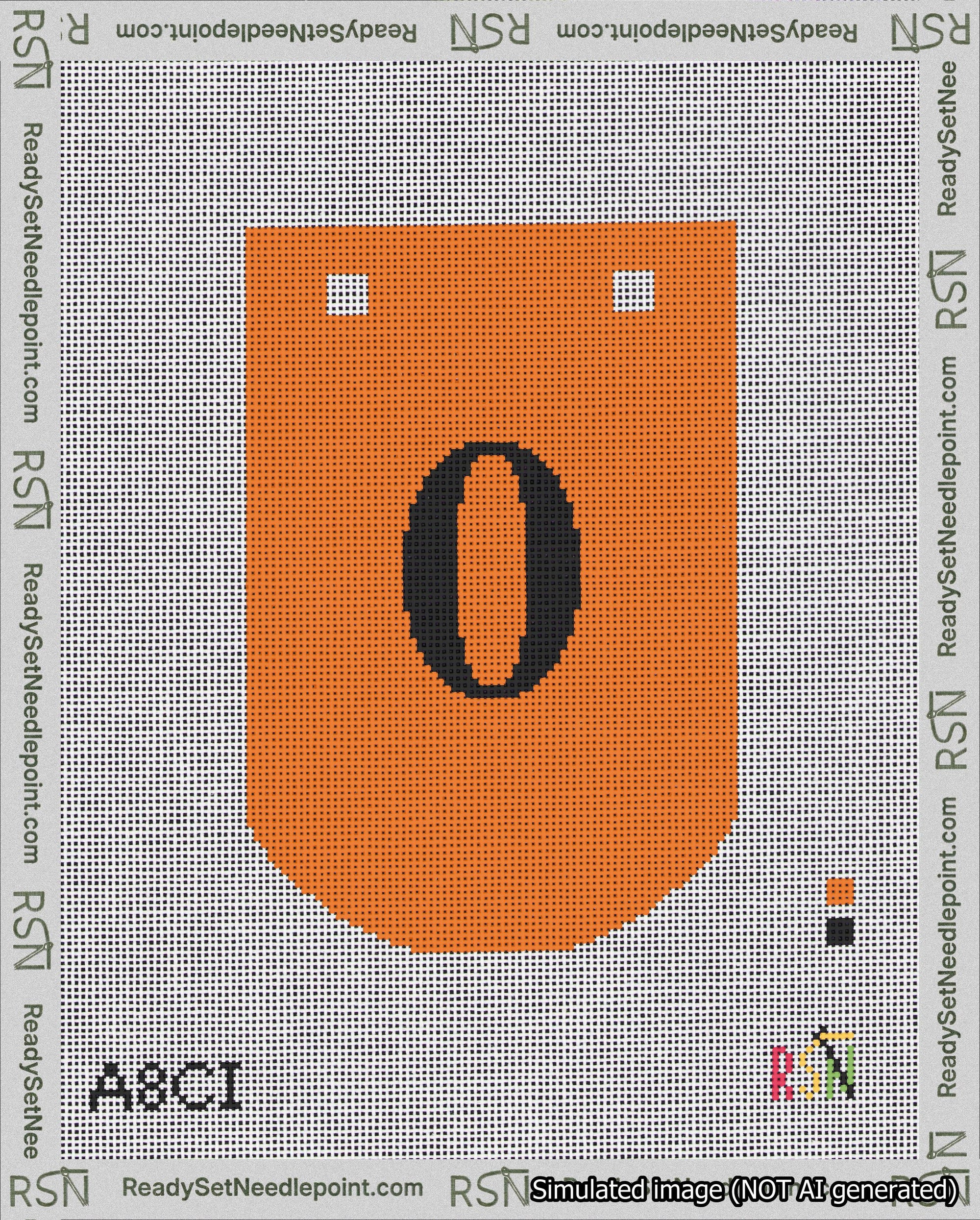 A taped needlepoint canvas with the design: Banner 18 mesh count Curved 0 Black on Orange.