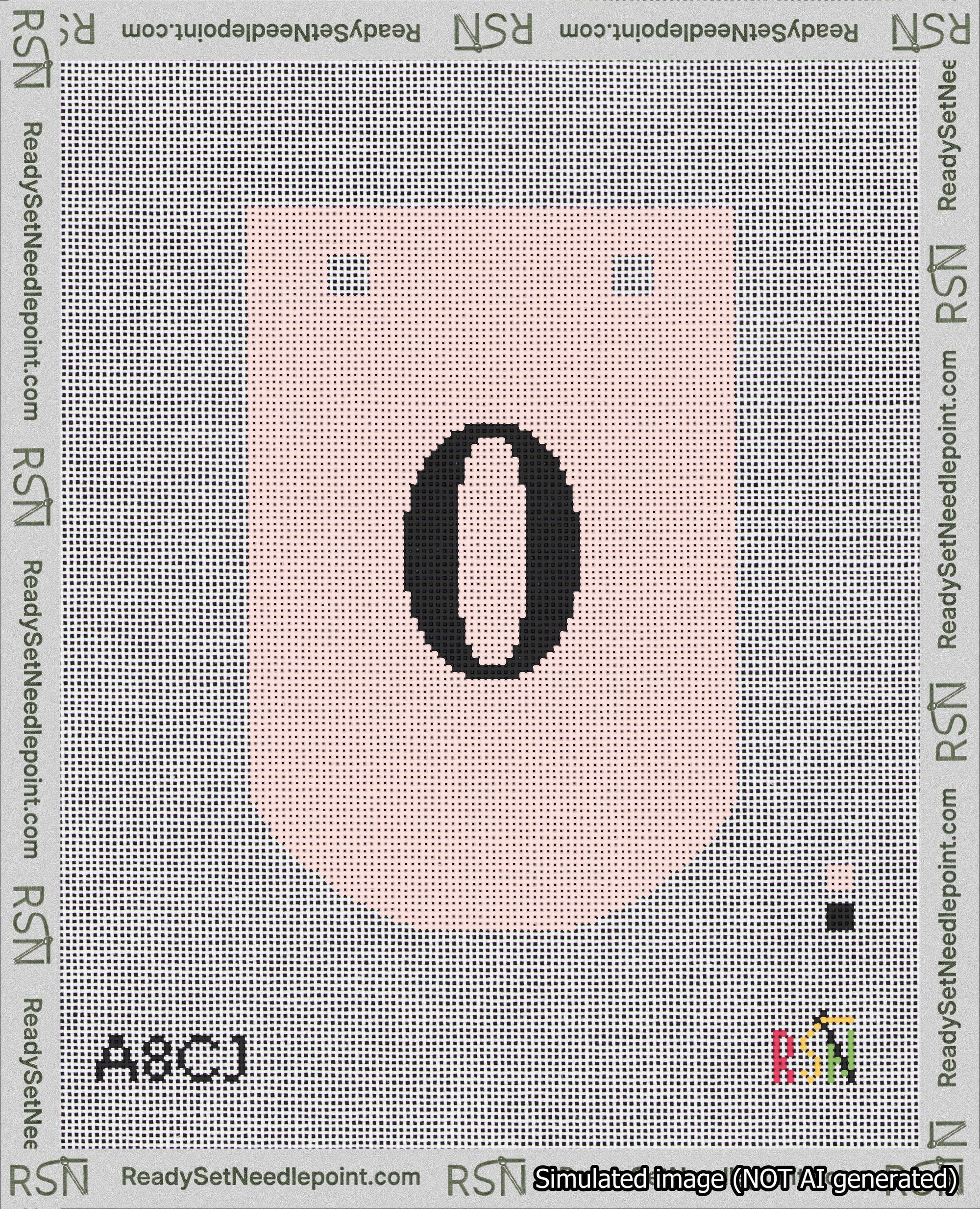 A taped needlepoint canvas with the design: Banner 18 mesh count Curved 0 Black on Pink.
