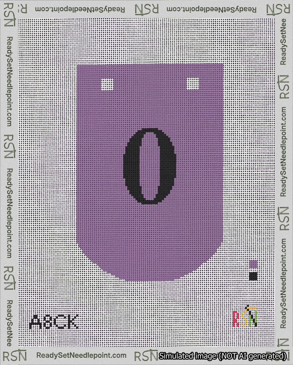 A taped needlepoint canvas with the design: Banner 18 mesh count Curved 0 Black on Purple.