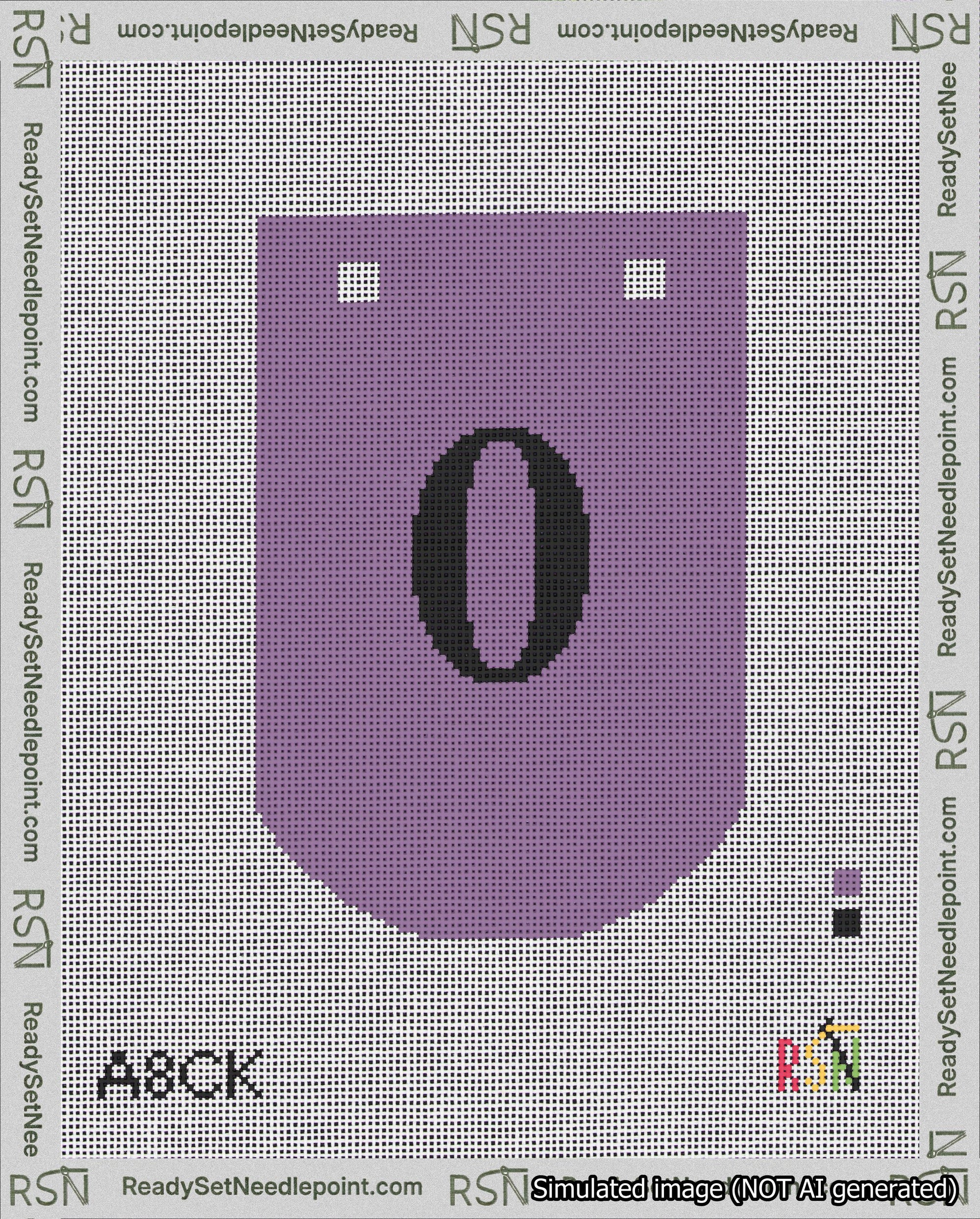 A taped needlepoint canvas with the design: Banner 18 mesh count Curved 0 Black on Purple.