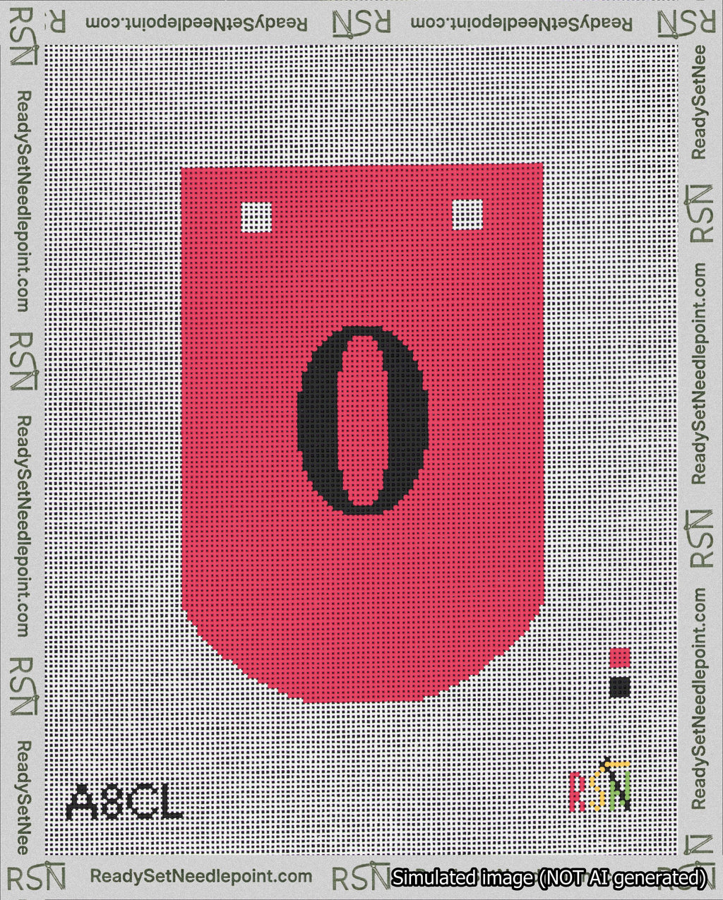 A taped needlepoint canvas with the design: Banner 18 mesh count Curved 0 Black on Red.