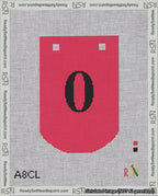 A taped needlepoint canvas with the design: Banner 18 mesh count Curved 0 Black on Red.