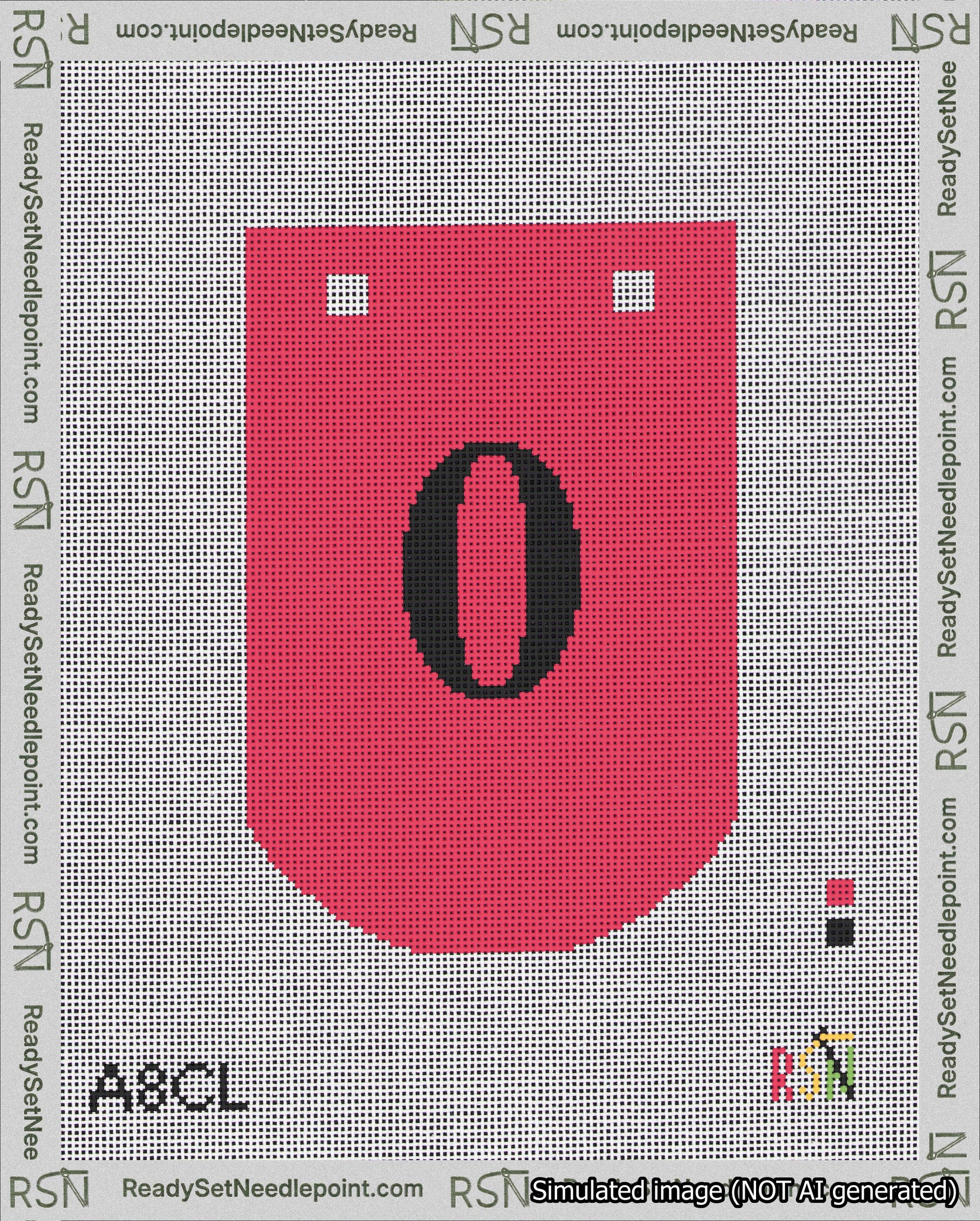 A taped needlepoint canvas with the design: Banner 18 mesh count Curved 0 Black on Red.