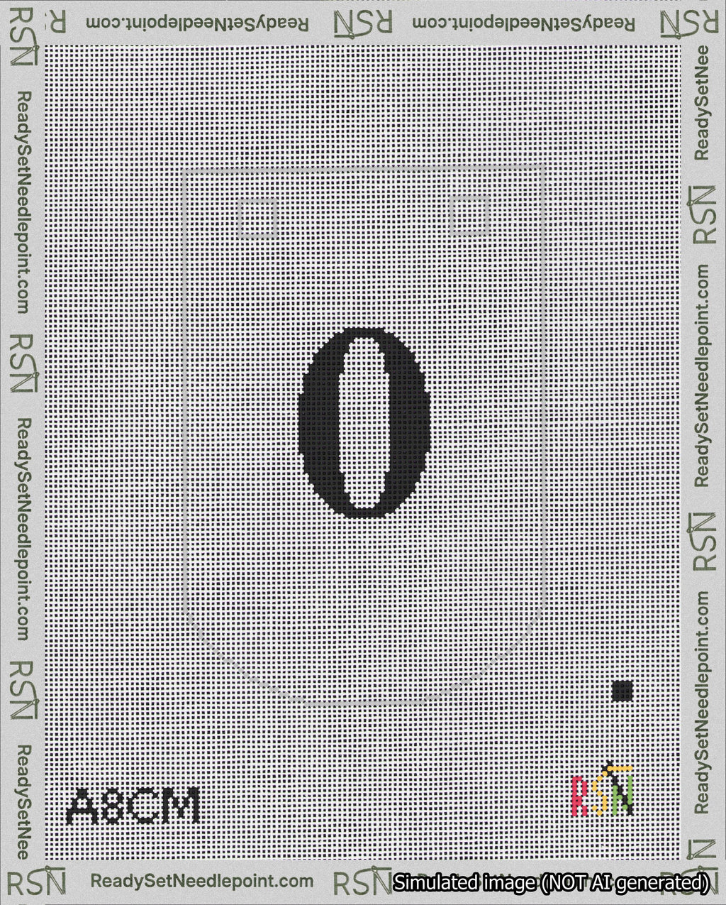 A taped needlepoint canvas with the design: Banner 18 mesh count Curved 0 Black on White.
