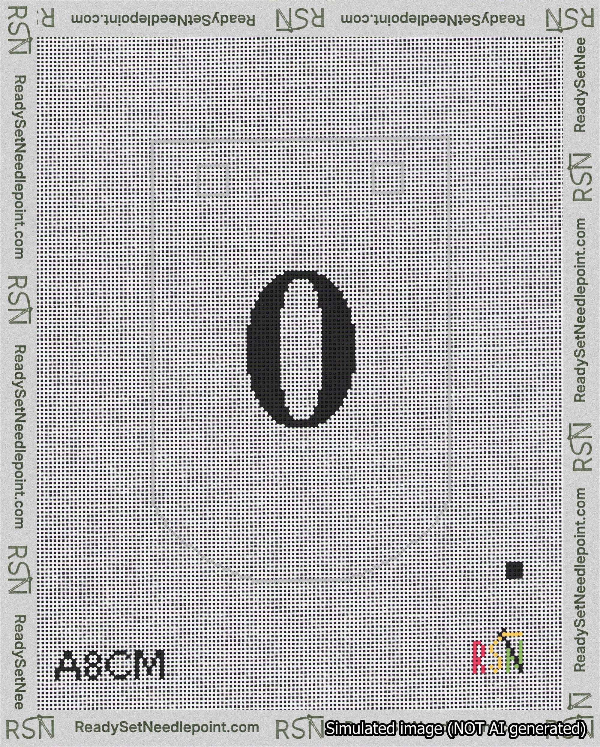 A taped needlepoint canvas with the design: Banner 18 mesh count Curved 0 Black on White.