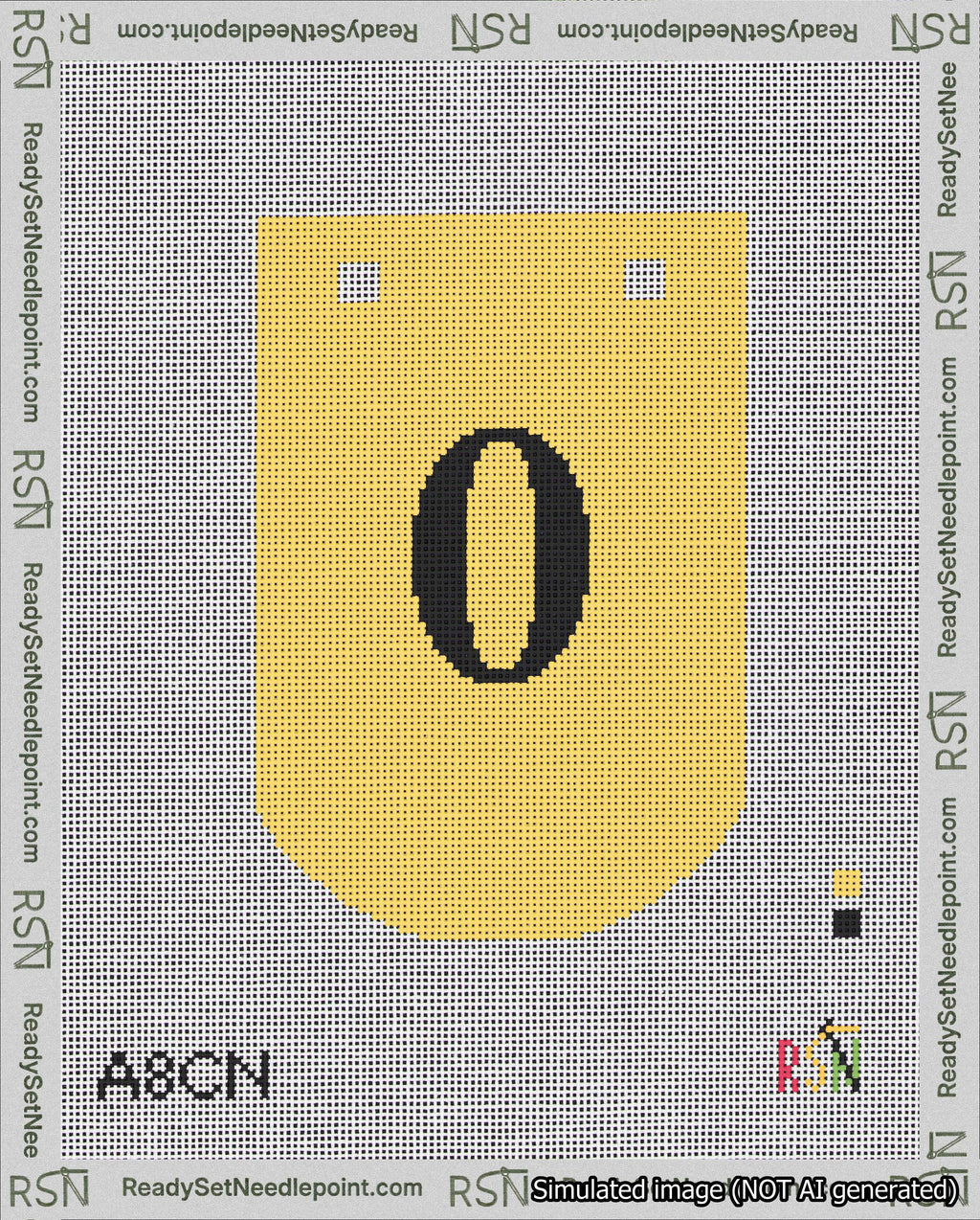 A taped needlepoint canvas with the design: Banner 18 mesh count Curved 0 Black on Yellow.