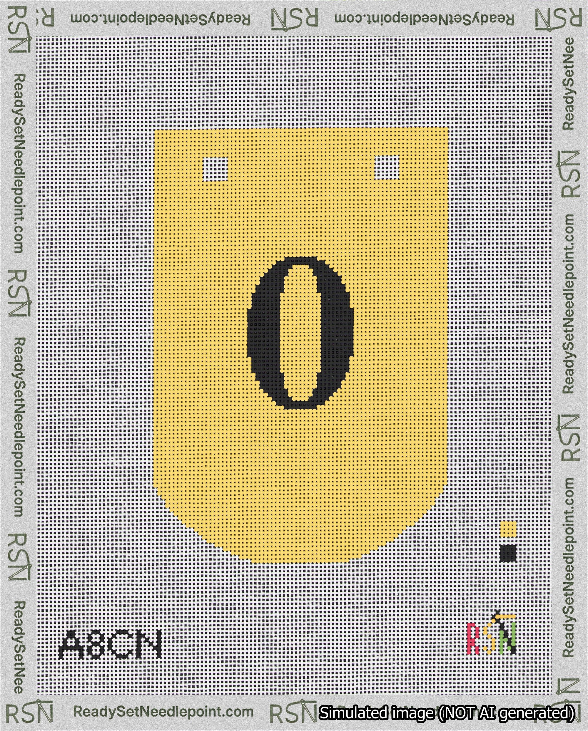 A taped needlepoint canvas with the design: Banner 18 mesh count Curved 0 Black on Yellow.
