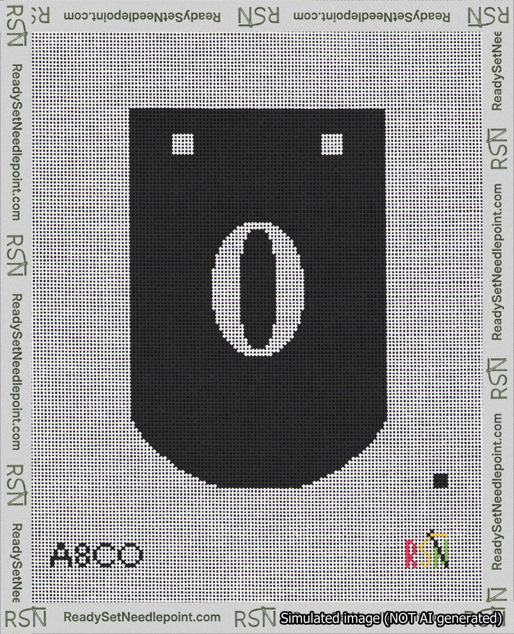 A taped needlepoint canvas with the design: Banner 18 mesh count Curved 0 White on Black.