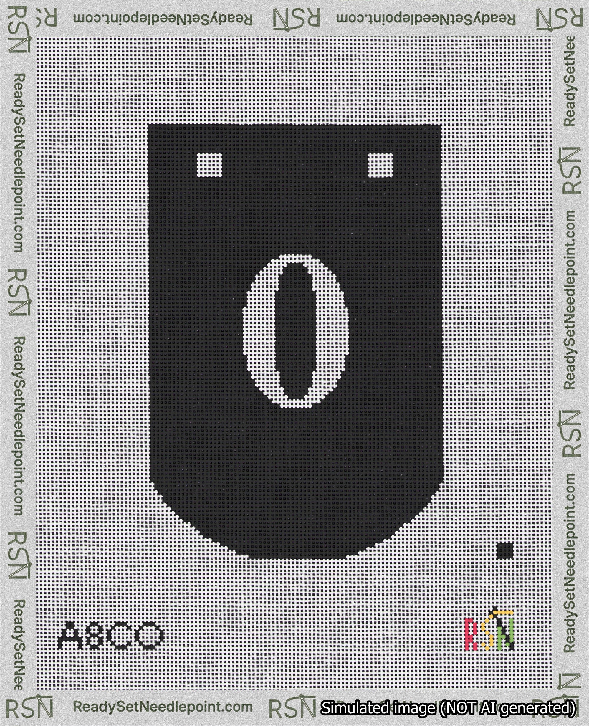 A taped needlepoint canvas with the design: Banner 18 mesh count Curved 0 White on Black.