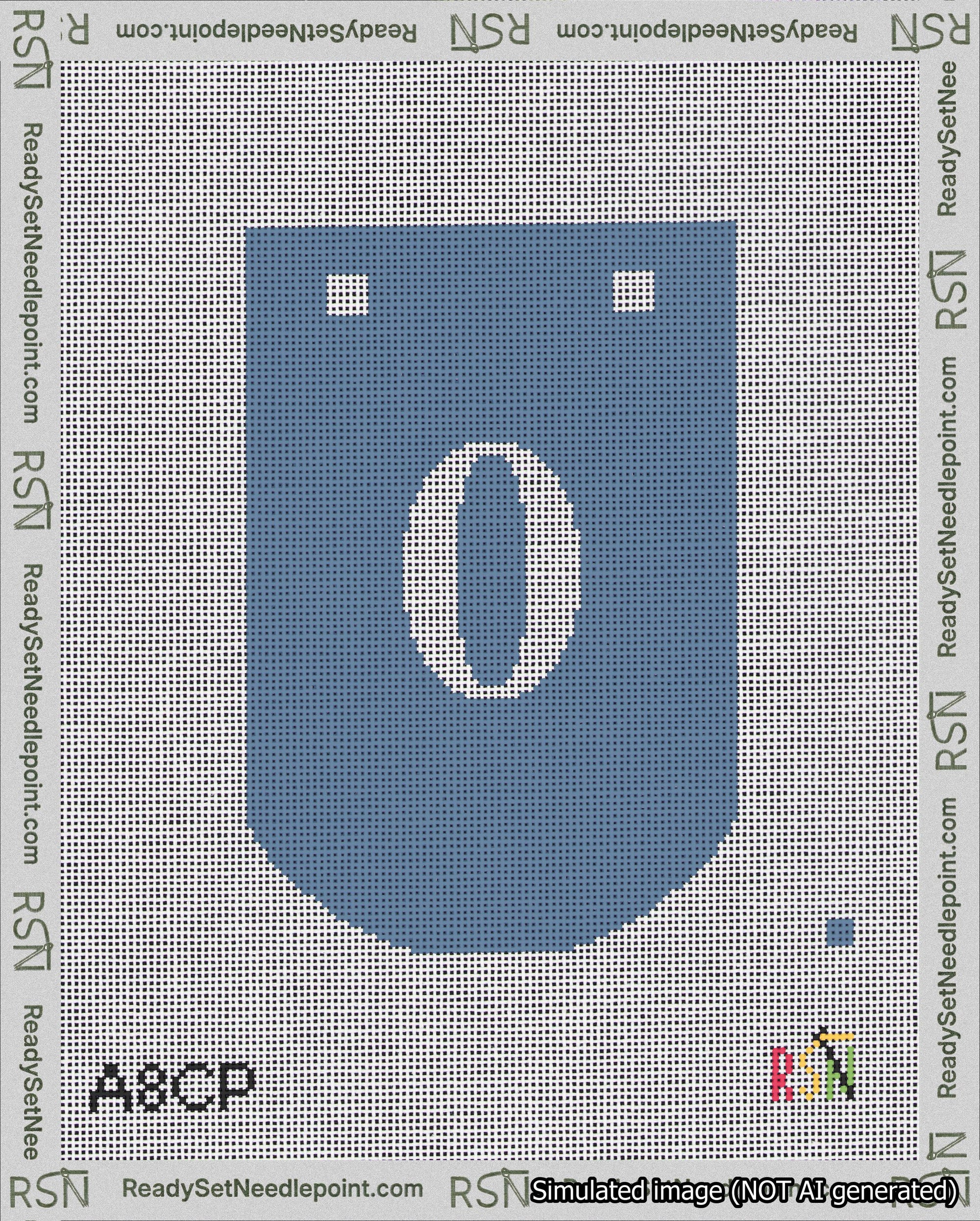 A taped needlepoint canvas with the design: Banner 18 mesh count Curved 0 White on Blue.