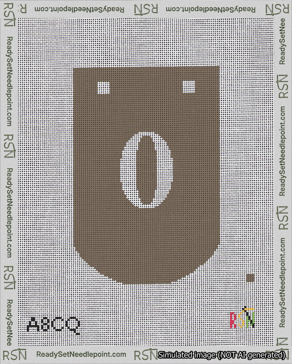 A taped needlepoint canvas with the design: Banner 18 mesh count Curved 0 White on Brown.